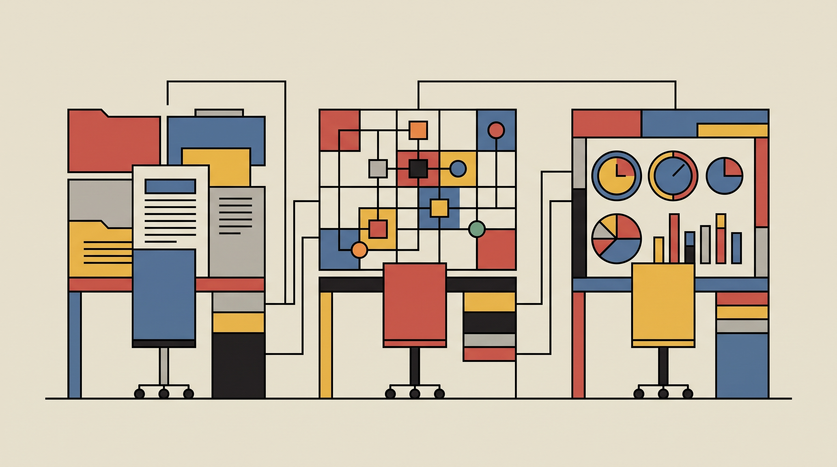 Illustration éditoriale comparant trois espaces de travail : documents modulaires, base de données colorée et tableau de bord sur-mesure.