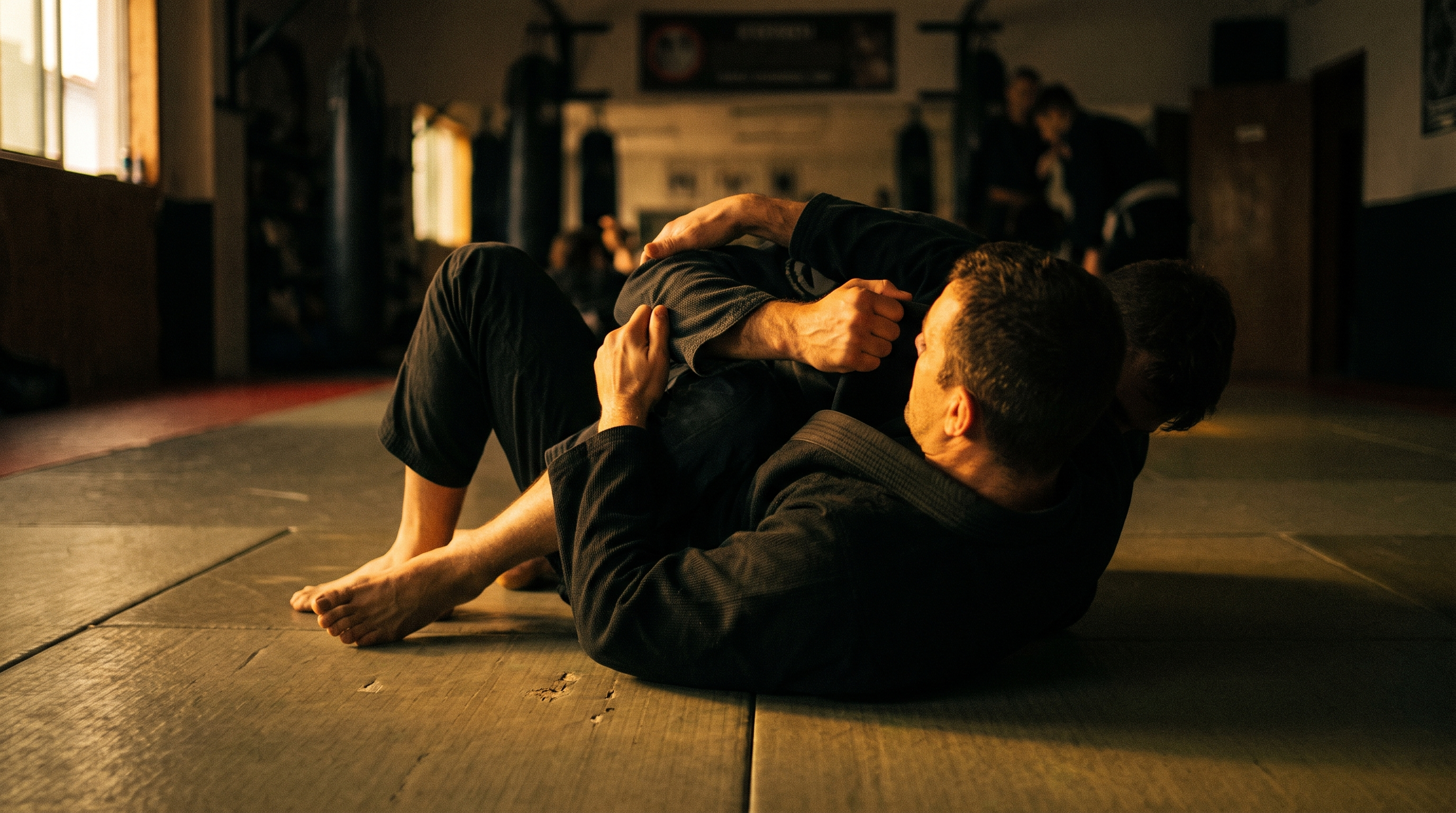 BJJ practitioner playing half guard on a dark tatami mat in a dimly lit gym.