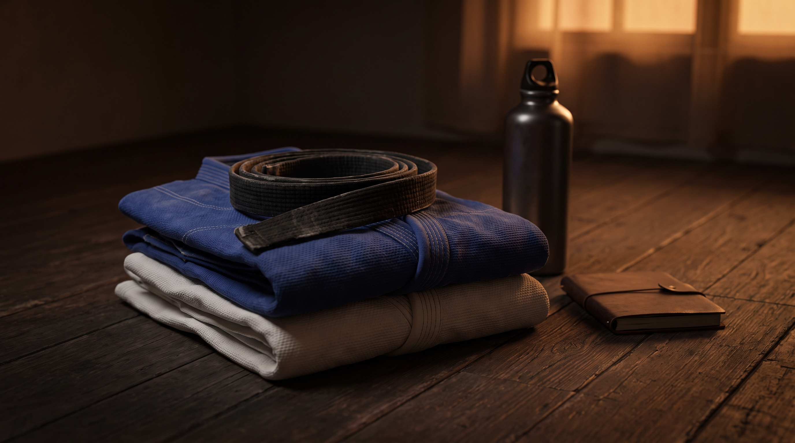 A folded BJJ gi with a black belt, water bottle and notebook on a wooden floor, suggesting rest and recovery between training sessions.