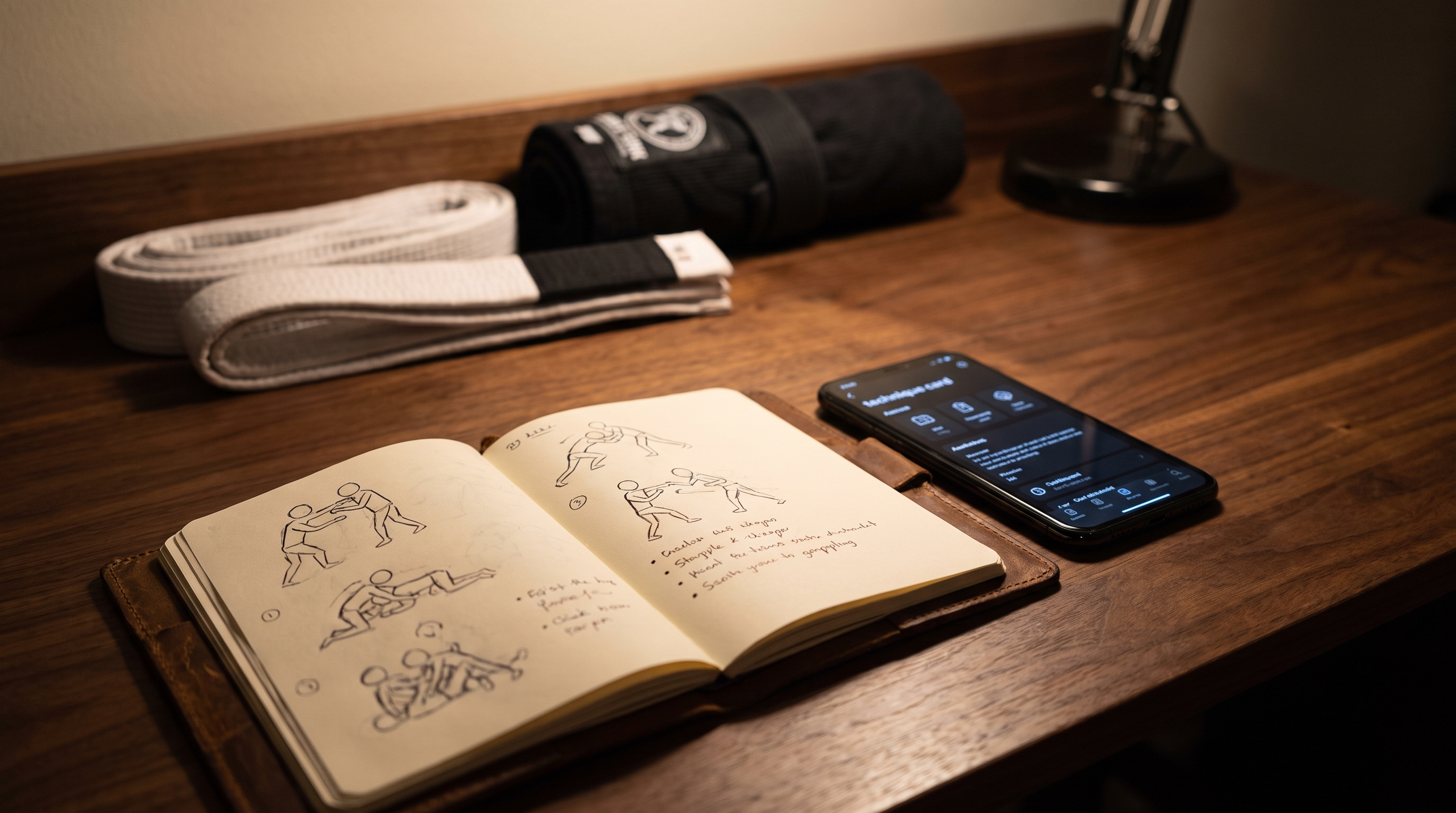 White belt's desk with an open BJJ notebook and a dark-themed technique card on a phone, illustrating a personal jiu-jitsu technique library.