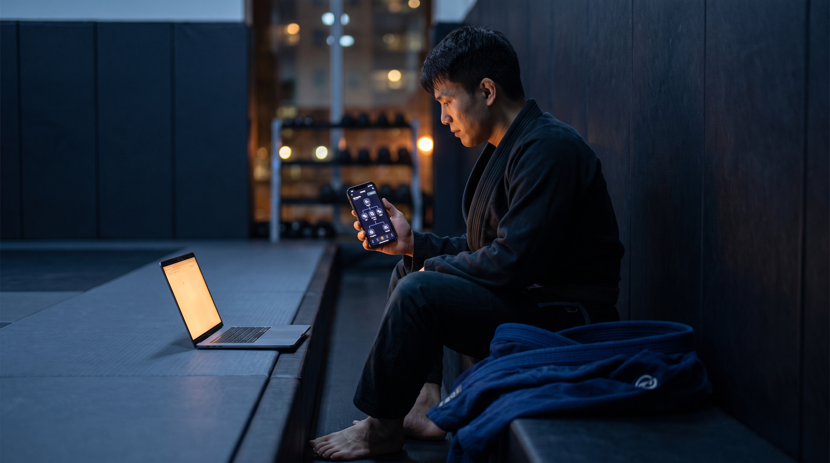 Grappler on the edge of a BJJ mat reviewing a technique card on a smartphone before training