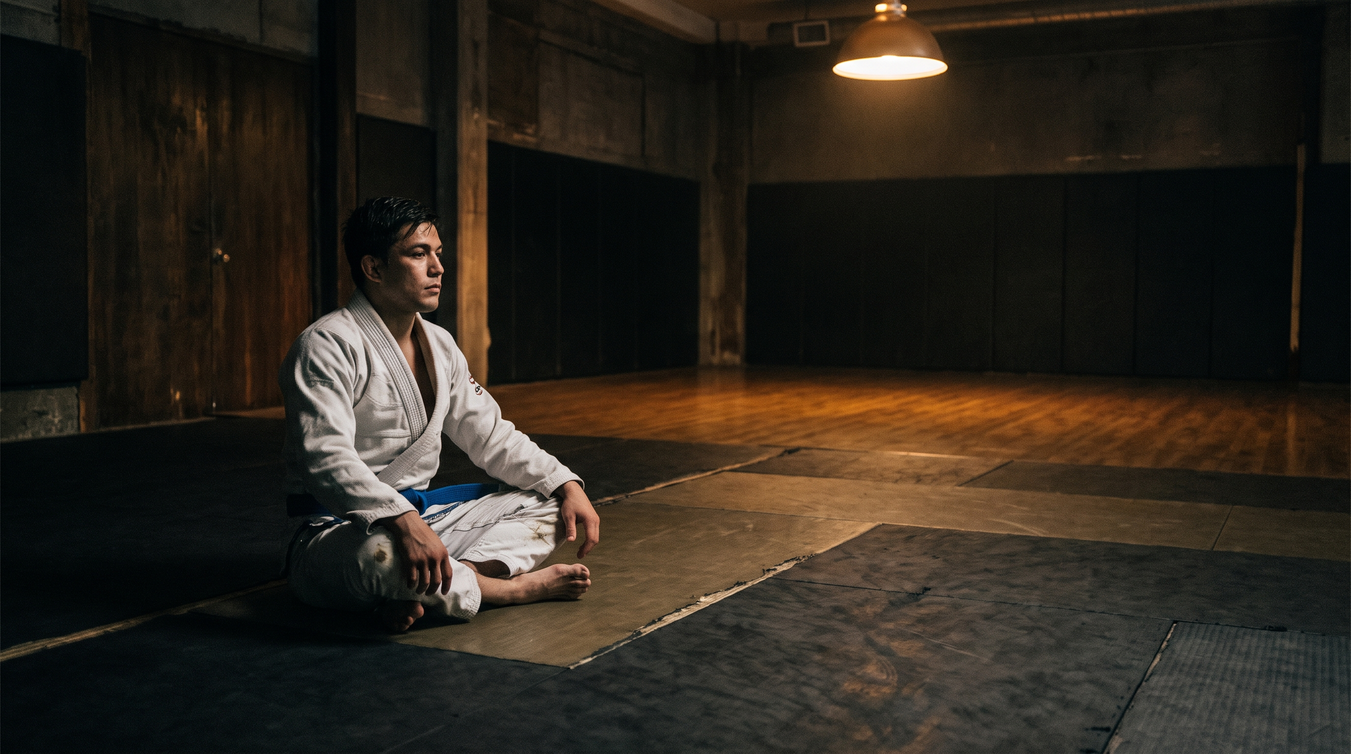 A blue belt Brazilian Jiu-Jitsu practitioner sitting alone on a dimly lit tatami mat, reflecting after training.