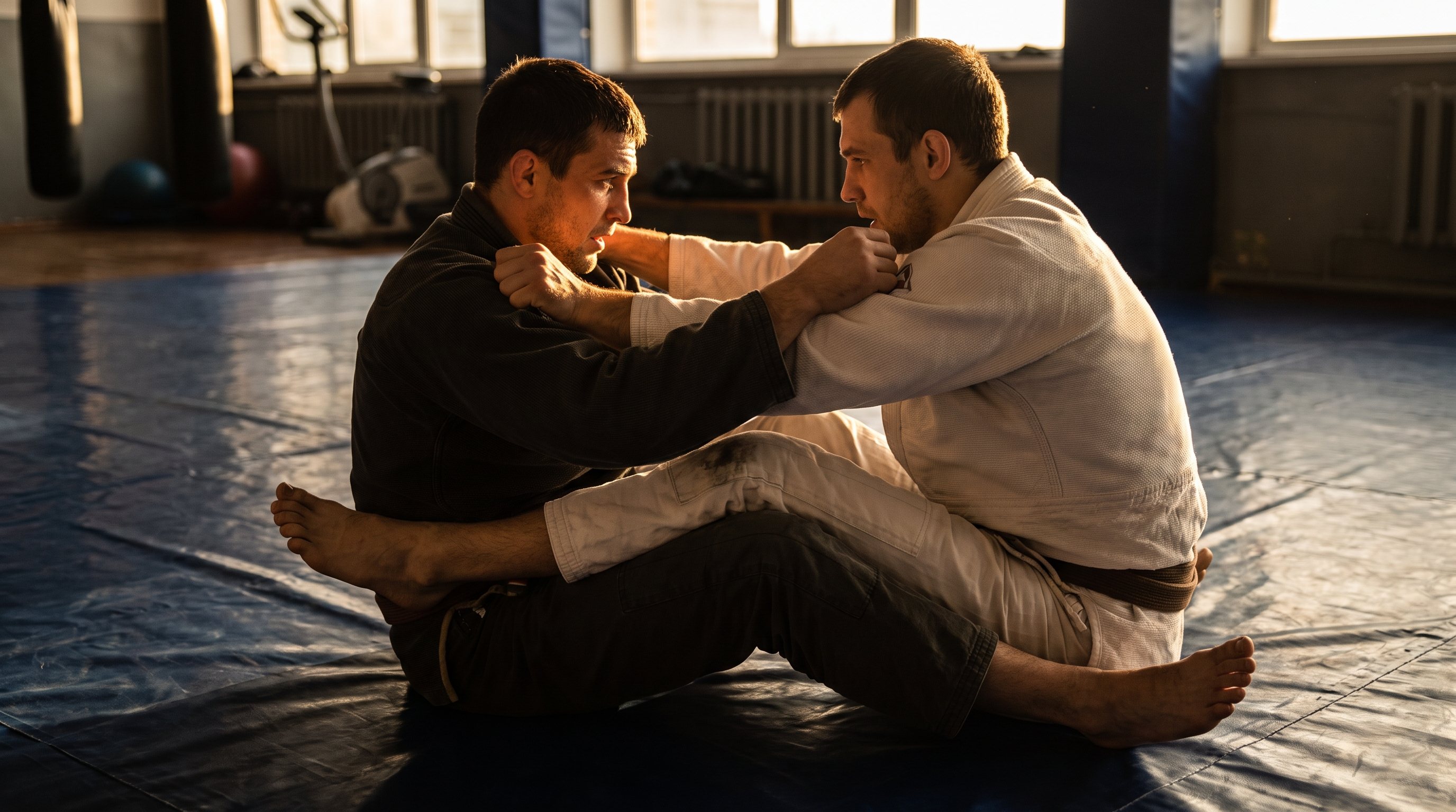 Beginner grappler in seated butterfly guard hooking under a partner's thighs on a dark blue mat.
