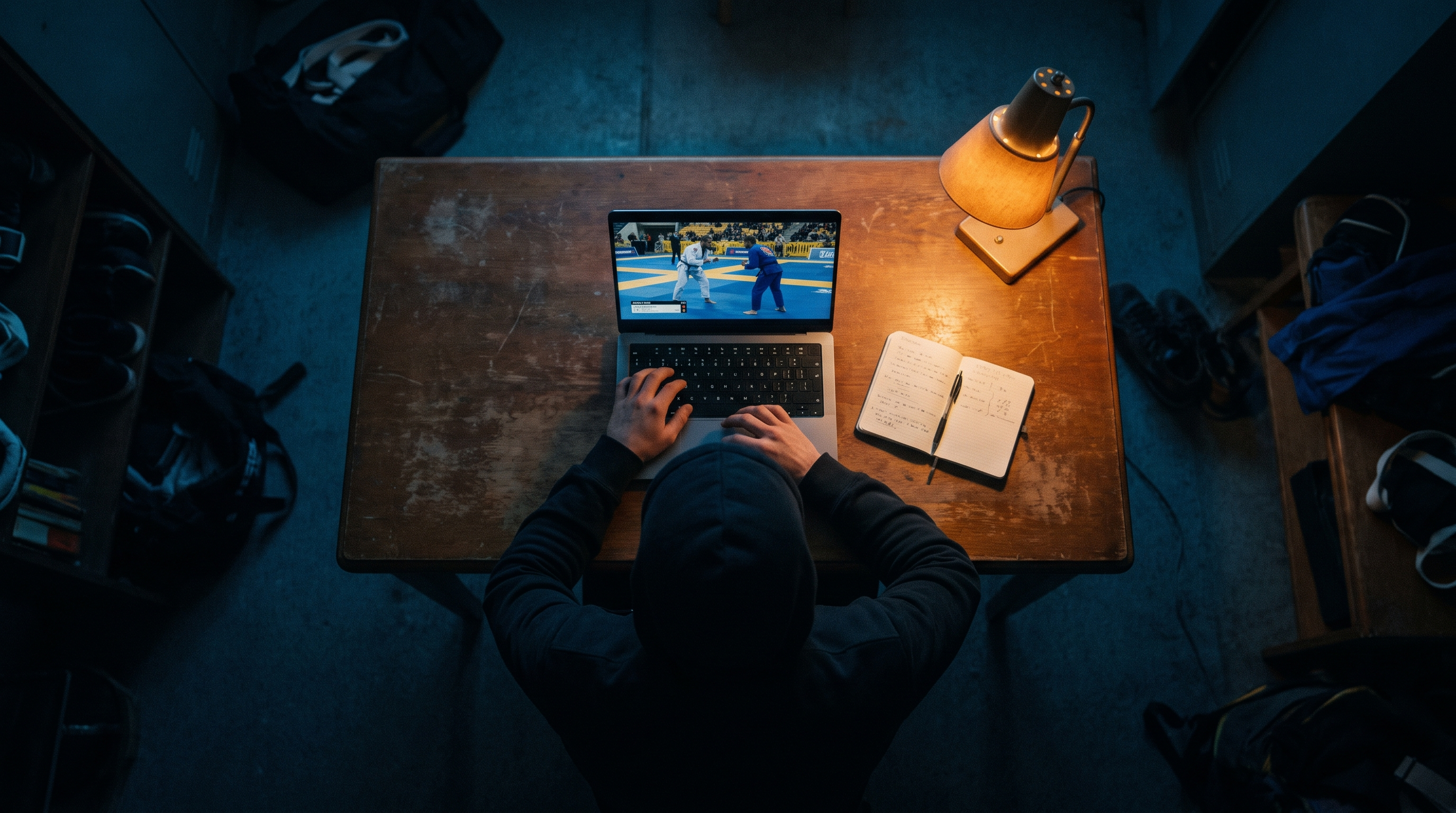 Grappler pausing a BJJ competition match on a laptop while taking notes in a notebook.