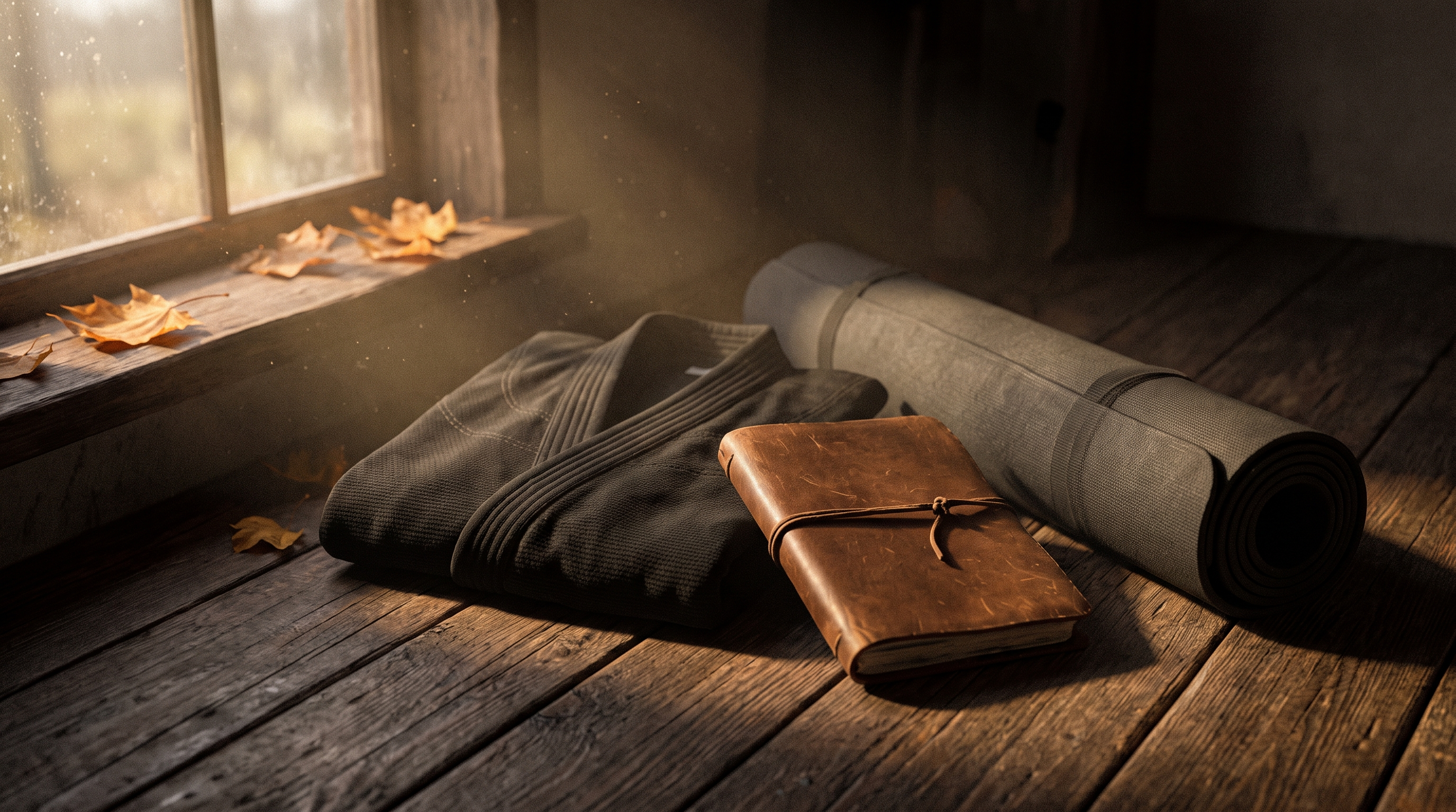 A folded black BJJ gi and a notebook on dark wooden floorboards lit by warm autumn light, symbolizing a fall training reset.