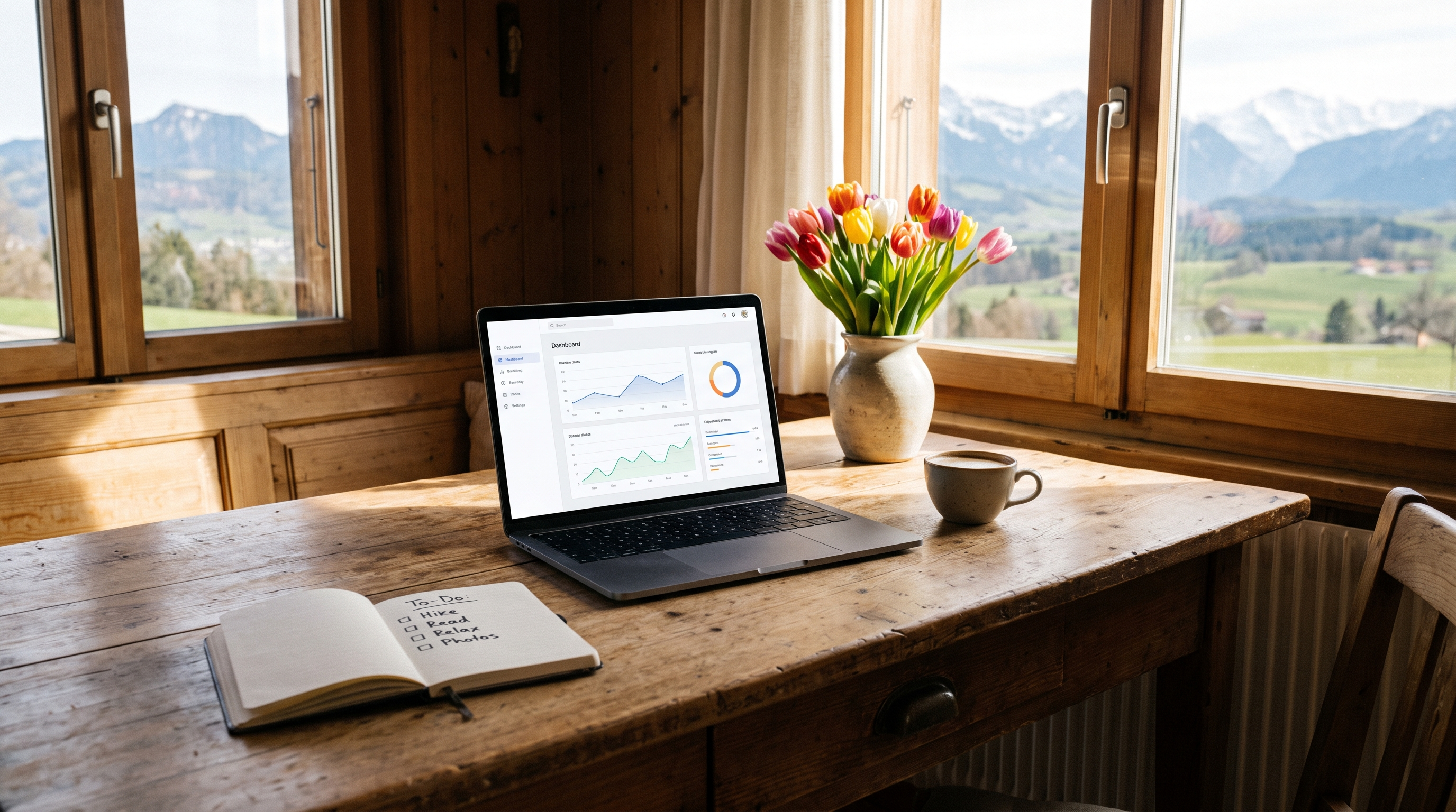 Bureau lumineux de printemps avec ordinateur portable affichant un tableau de bord et checklist manuscrite.