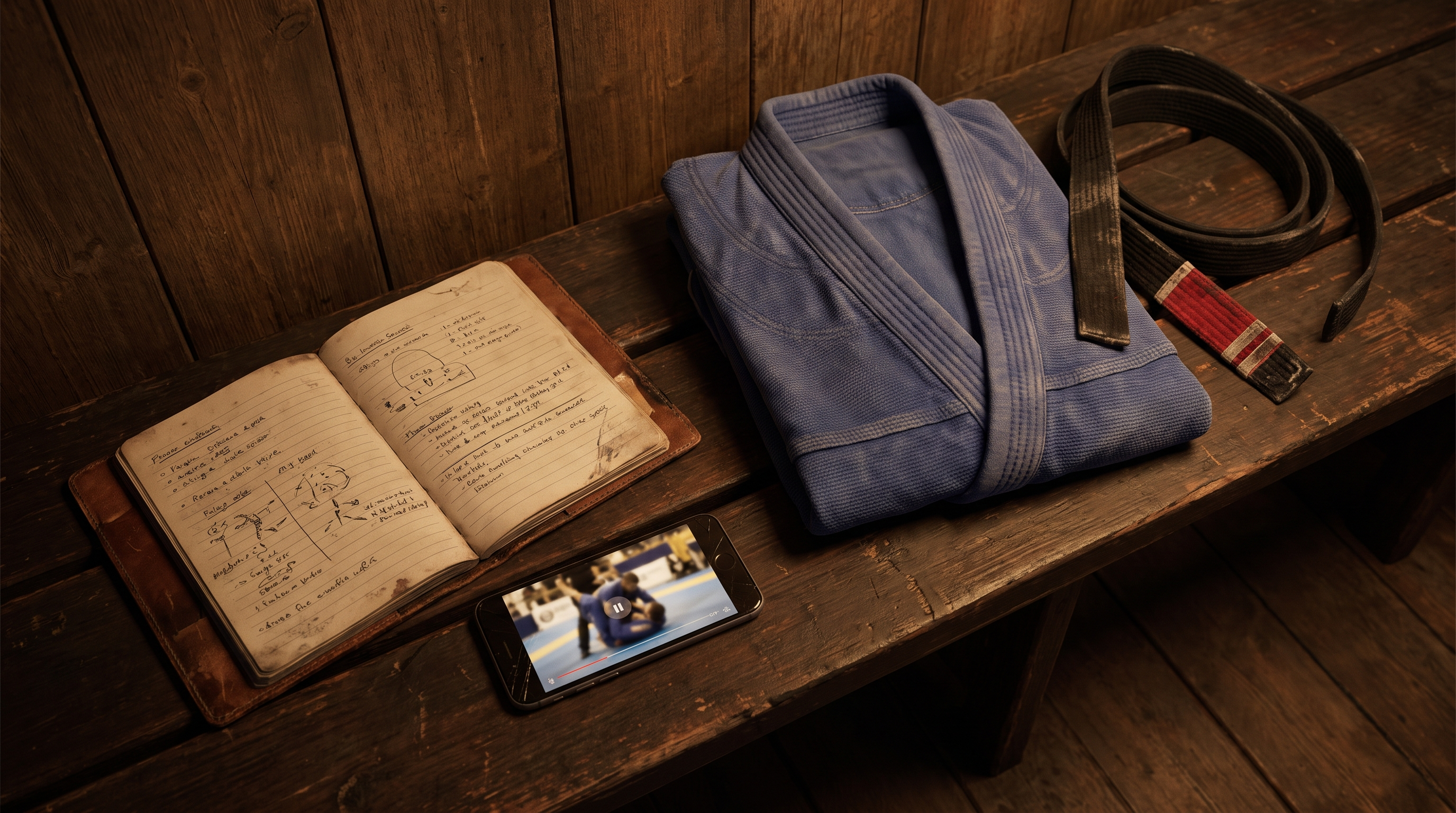 A BJJ notebook open next to a folded blue gi and a smartphone showing a paused grappling video.