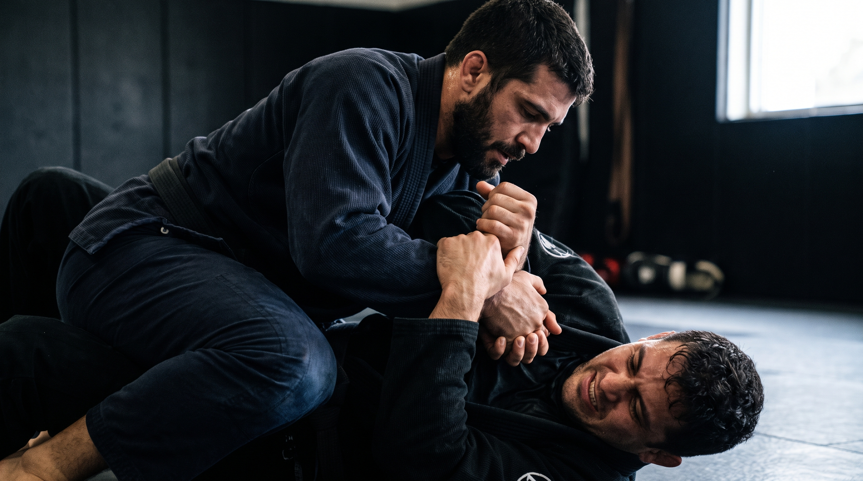 Top BJJ practitioner applying an Americana submission from side control on a bent-arm figure-four grip.