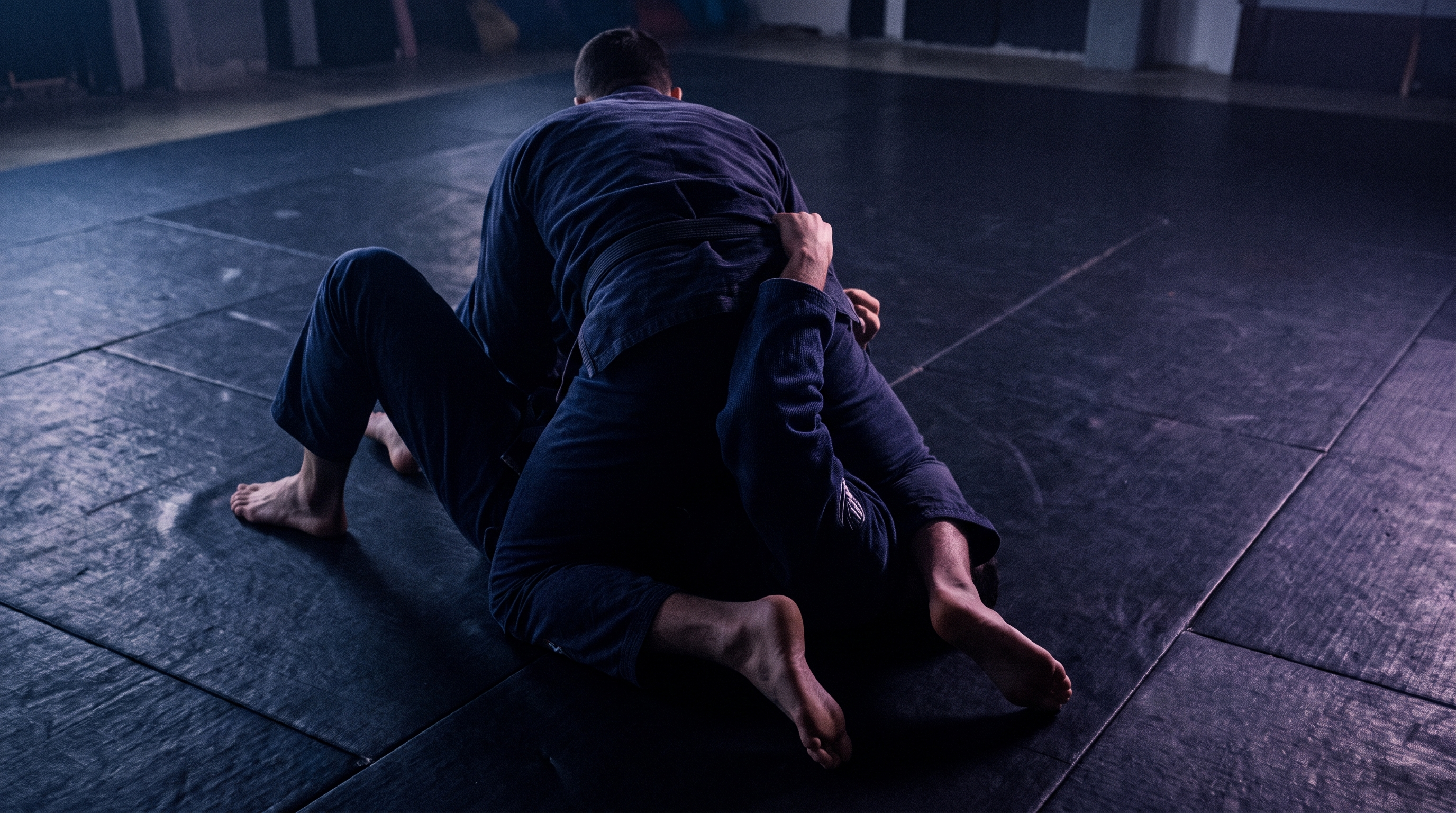 Two BJJ practitioners drilling closed guard attack sequences on a dark mat under moody side lighting.