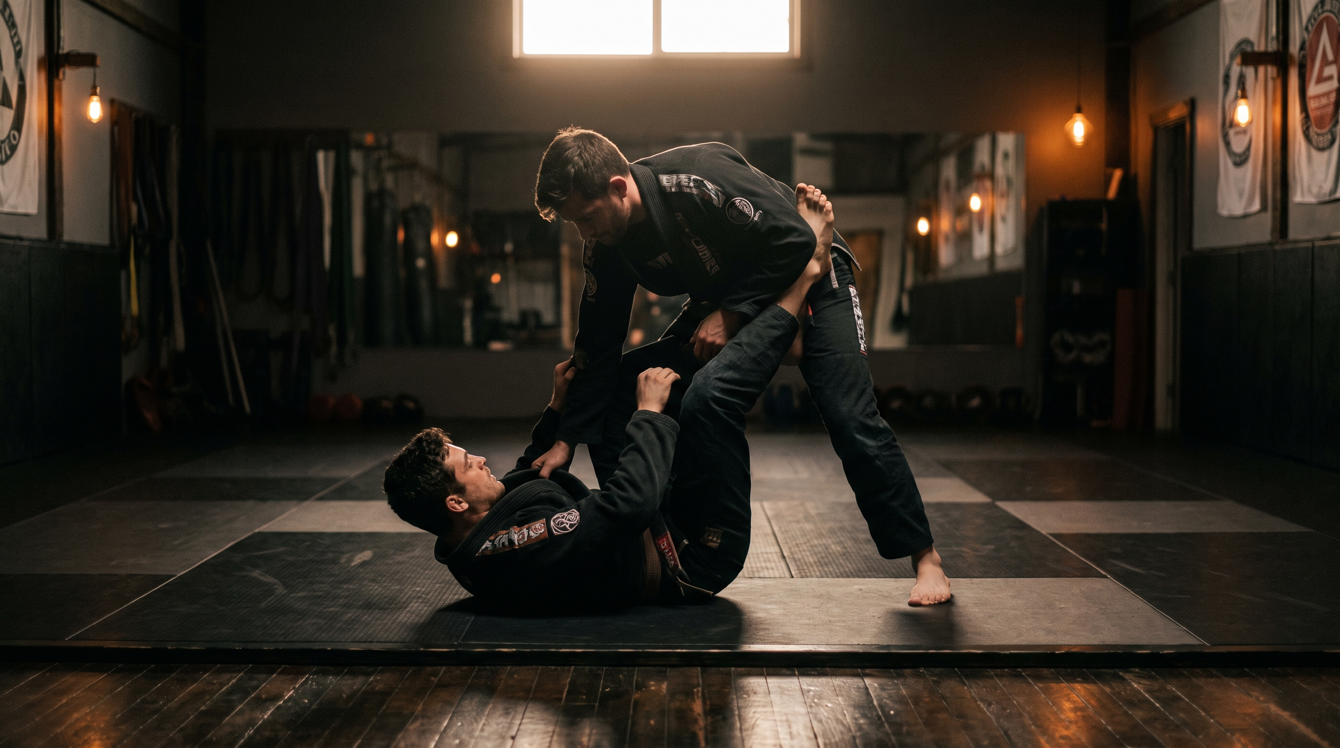 A BJJ practitioner playing De La Riva open guard against a standing partner in a dark dojo.