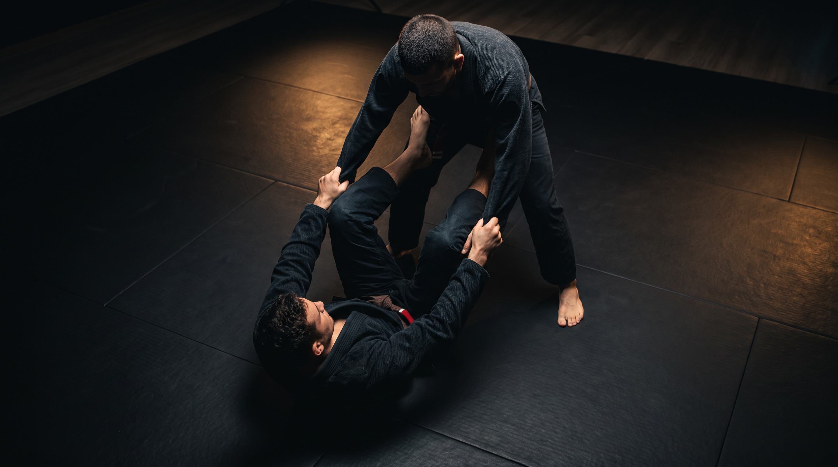 Bottom player controls both sleeves and posts feet on the top player's biceps in a classic spider guard position.