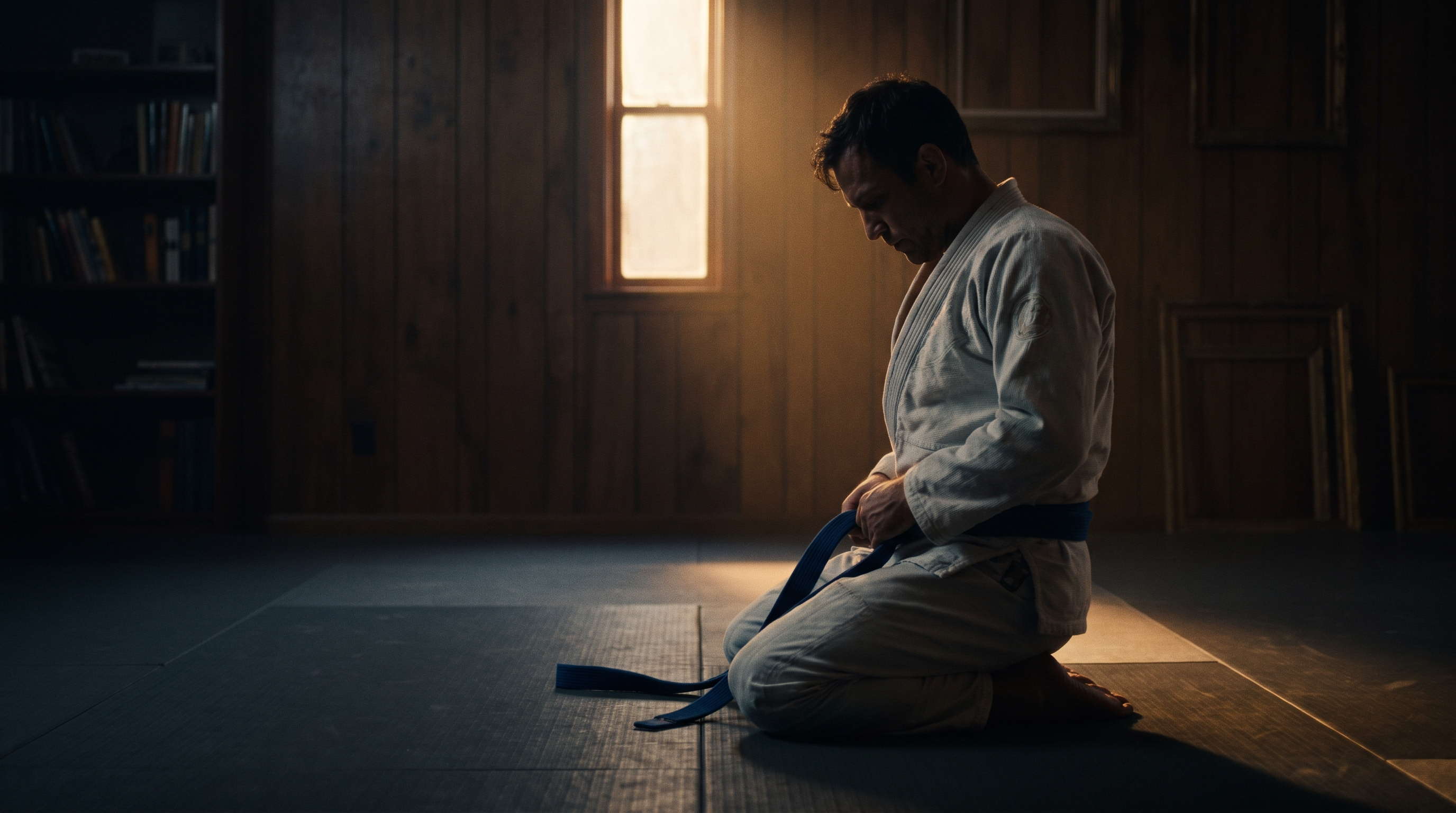 Grappler tying his belt at the edge of an empty jiu-jitsu mat before a comeback class.