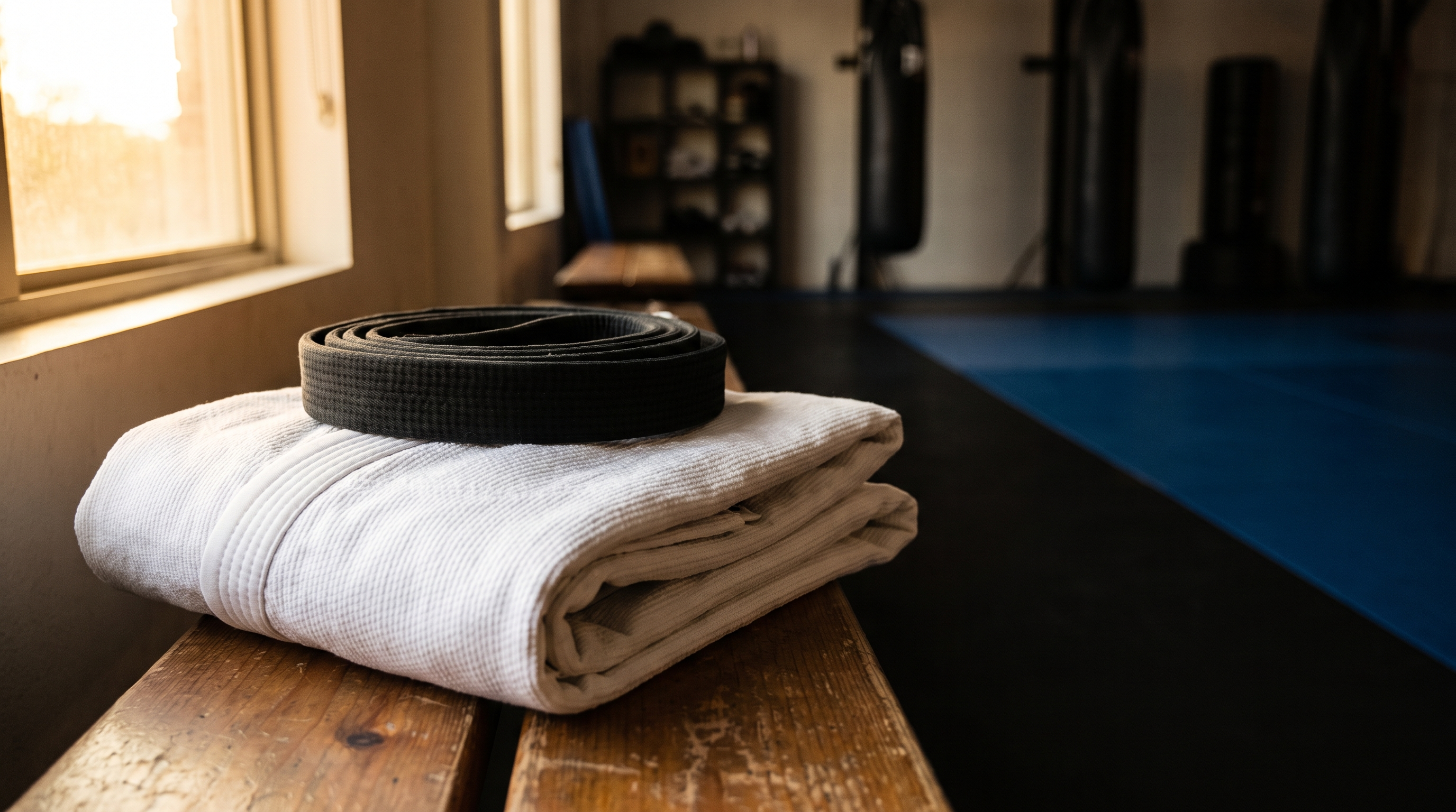 Folded white BJJ gi on a wooden bench with mats in the background