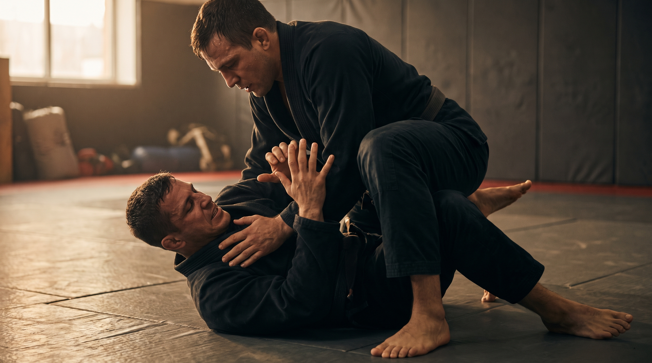 Bottom BJJ practitioner framing on the knee and turning to their side to escape knee-on-belly control.