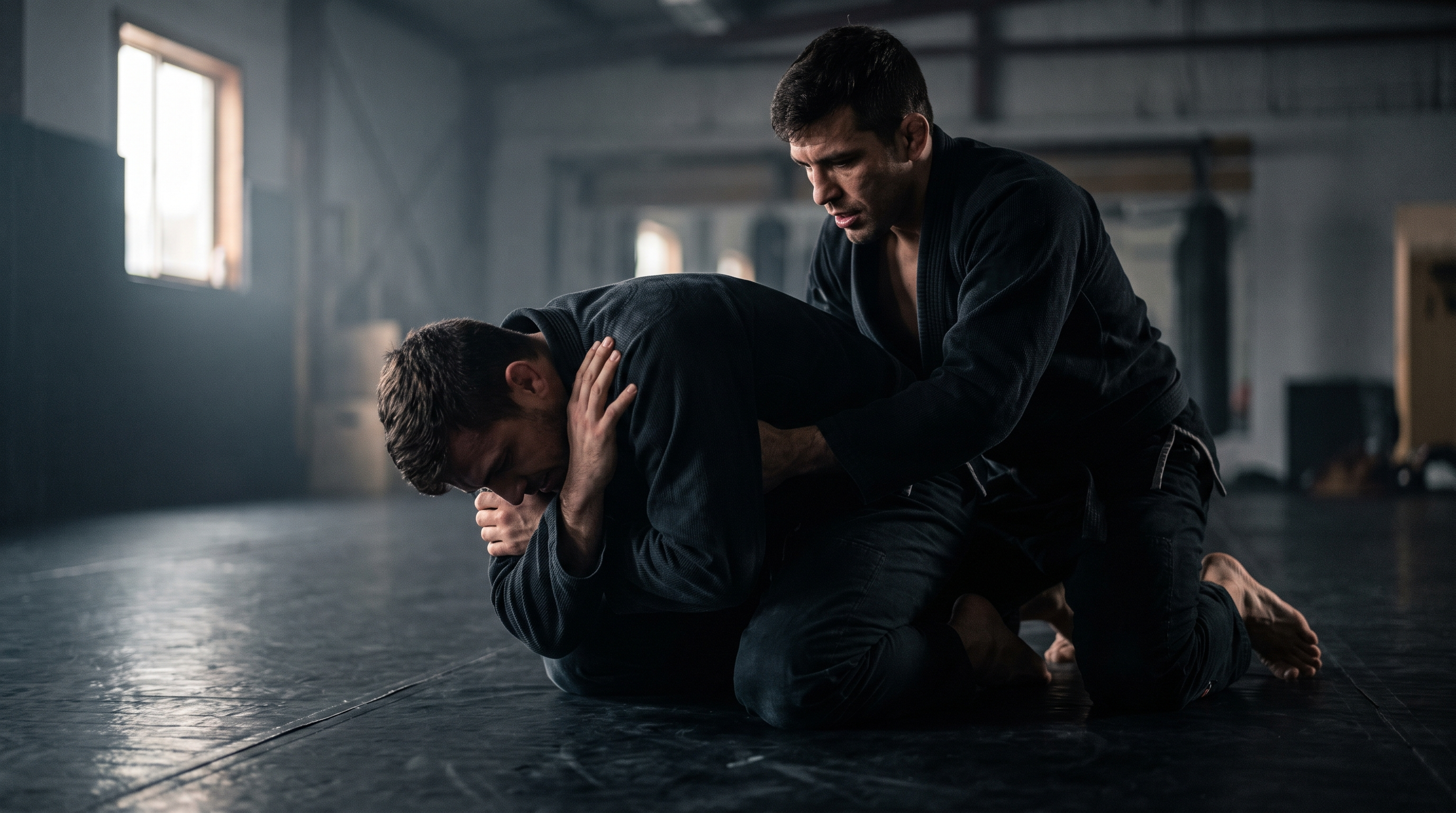 A white belt BJJ practitioner in a tight turtle position defending against a partner attempting to take the back.