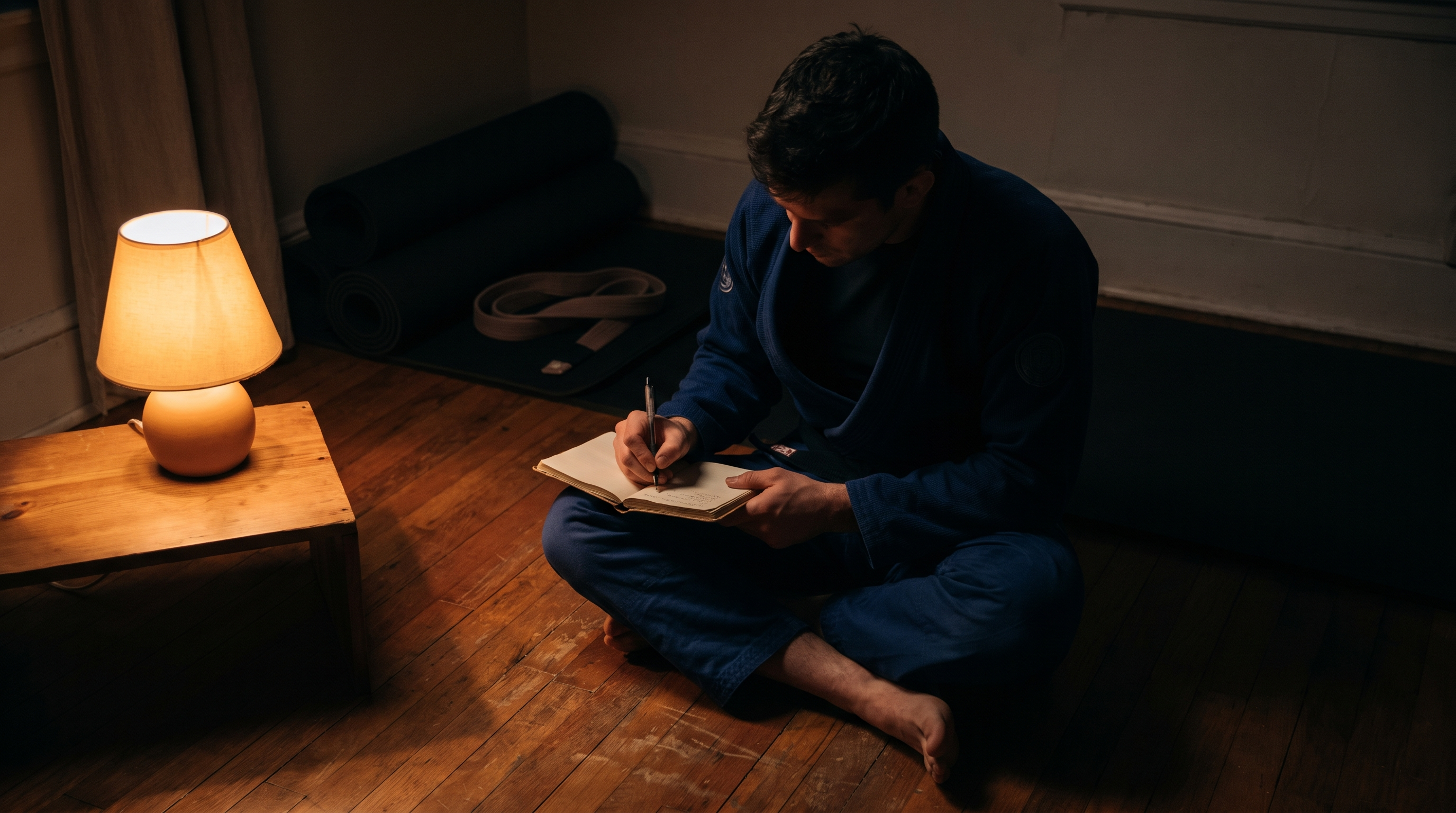 A grappler in a dark gi writing training notes in a notebook at night after BJJ class.