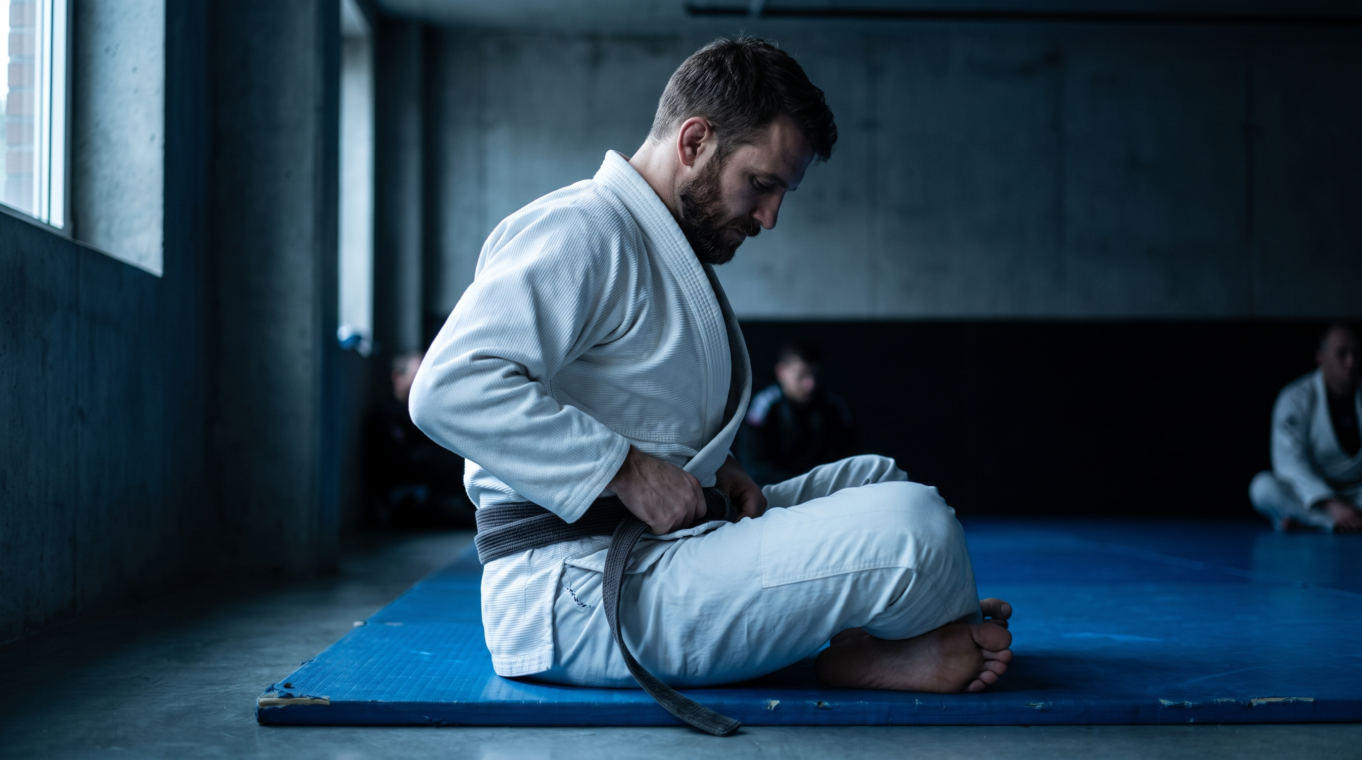 Adult grappler in a white gi sitting on a blue mat before a BJJ class in a dimly lit academy.
