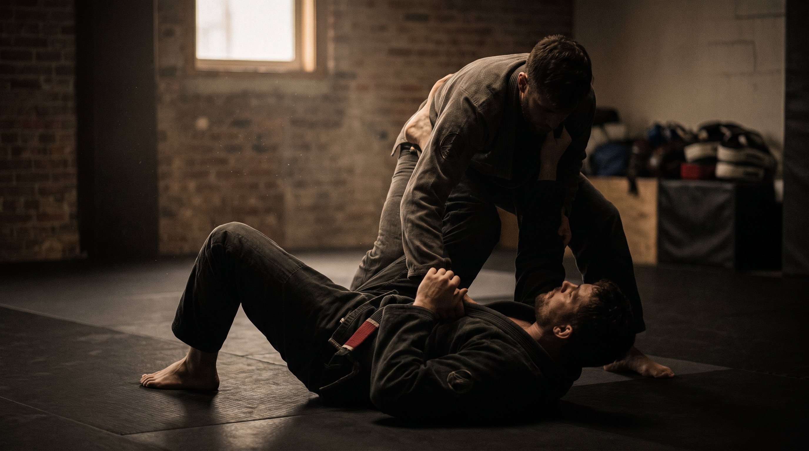 A BJJ practitioner in a dark gi playing lasso guard, one leg threaded under the standing partner's sleeve grip on a black mat.