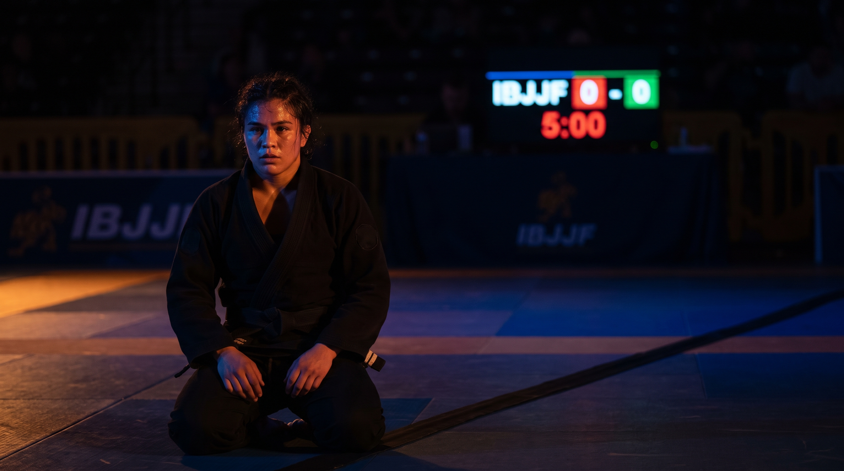BJJ competitor in a black gi warming up on the edge of a competition mat before an IBJJF tournament match.