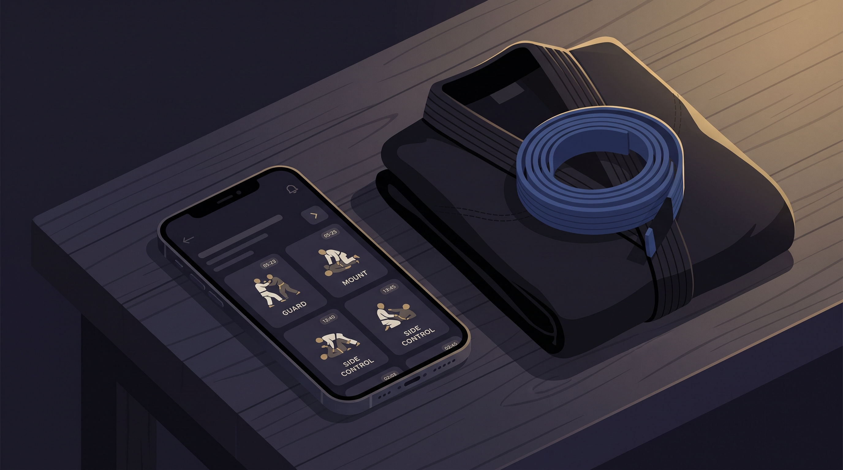 Smartphone displaying a library of BJJ technique cards next to a folded gi and blue belt.