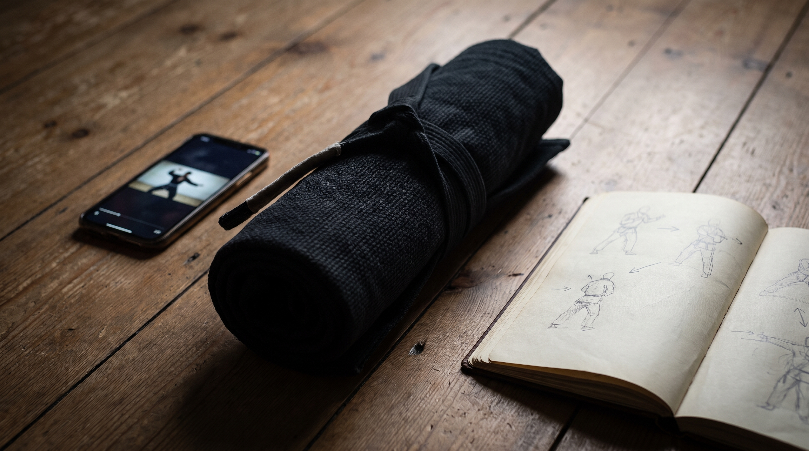 Rolled BJJ gi on a wooden floor next to a smartphone playing a training video and an open notebook with sketched positions.