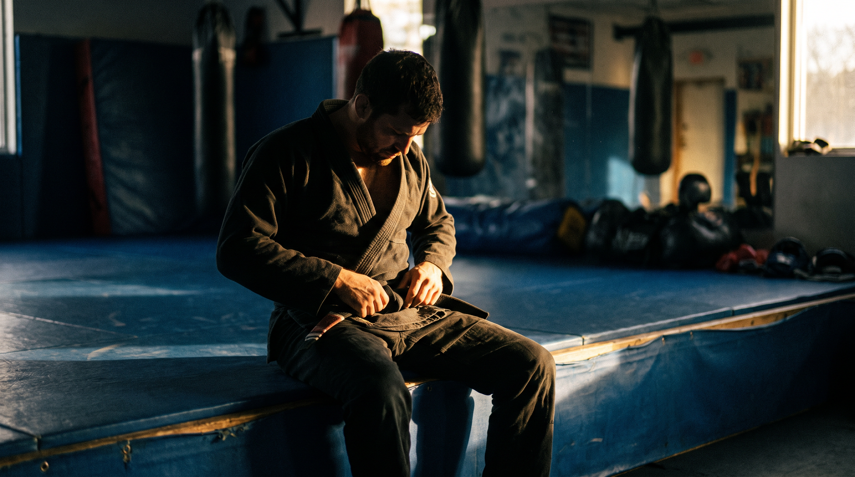 BJJ competitor in a black gi sitting on the mat tying his belt in a quiet, dimly lit academy before training.