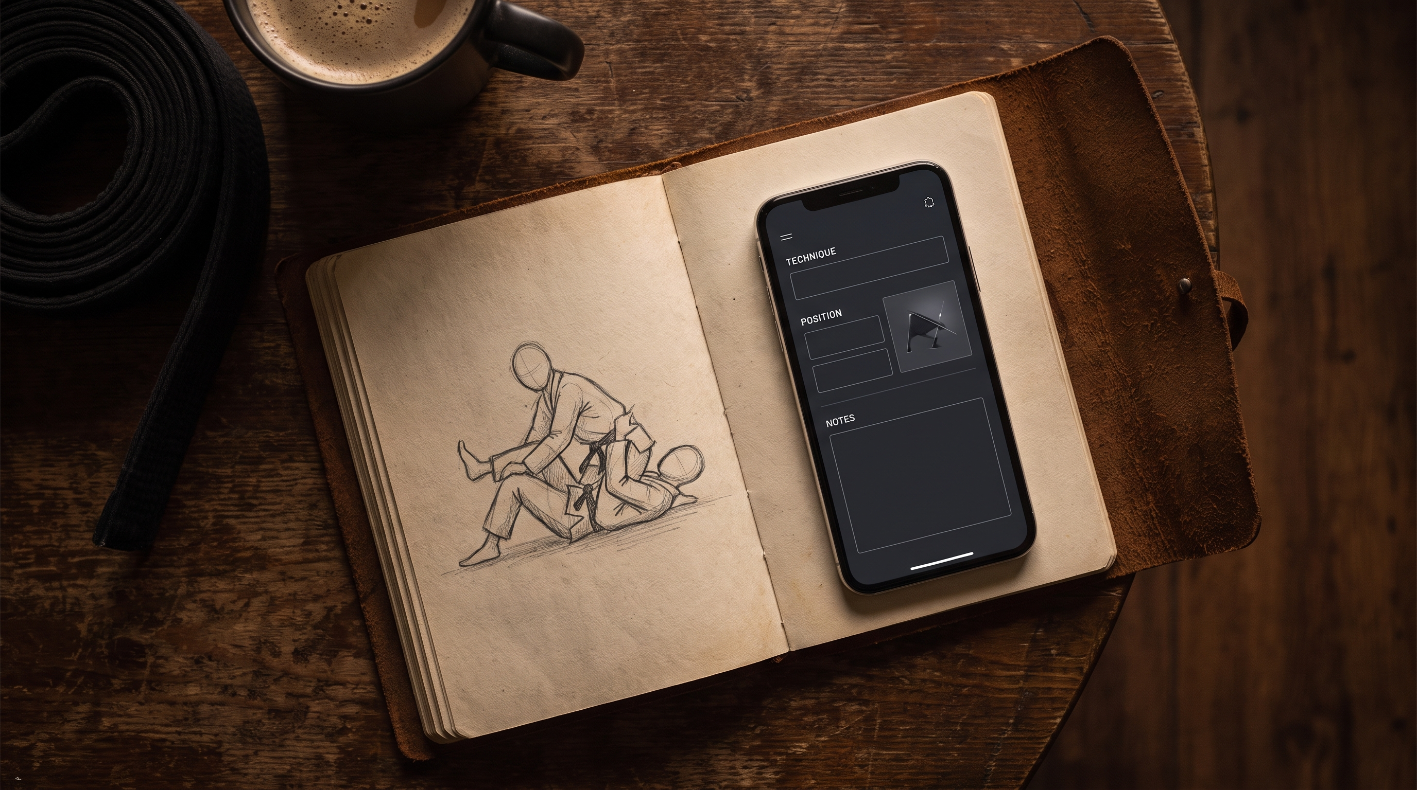 Open BJJ notebook next to a smartphone showing a structured technique card, on a dark wooden table.