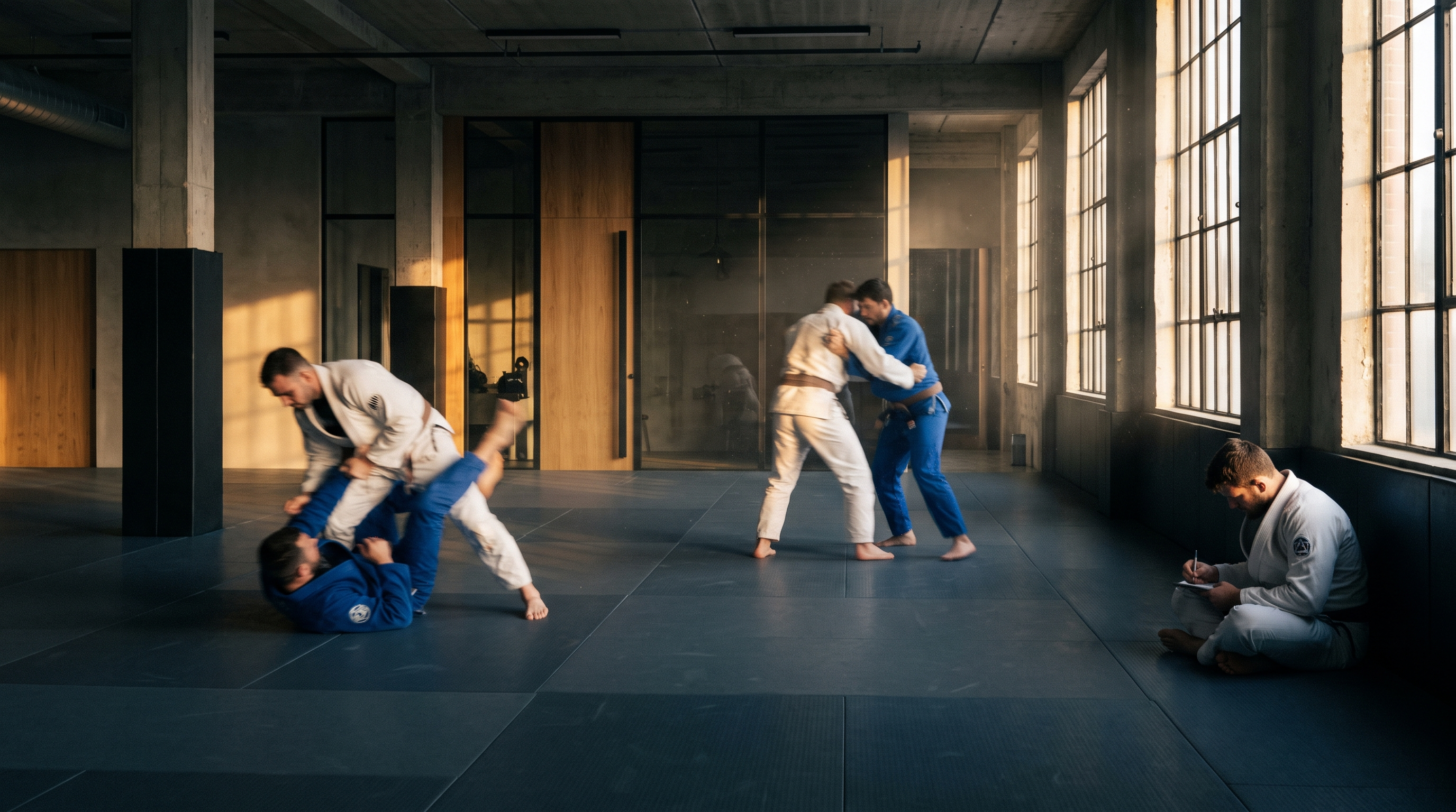 Grapplers in gis working positional sparring at a BJJ open mat while another sits mat-side taking notes.