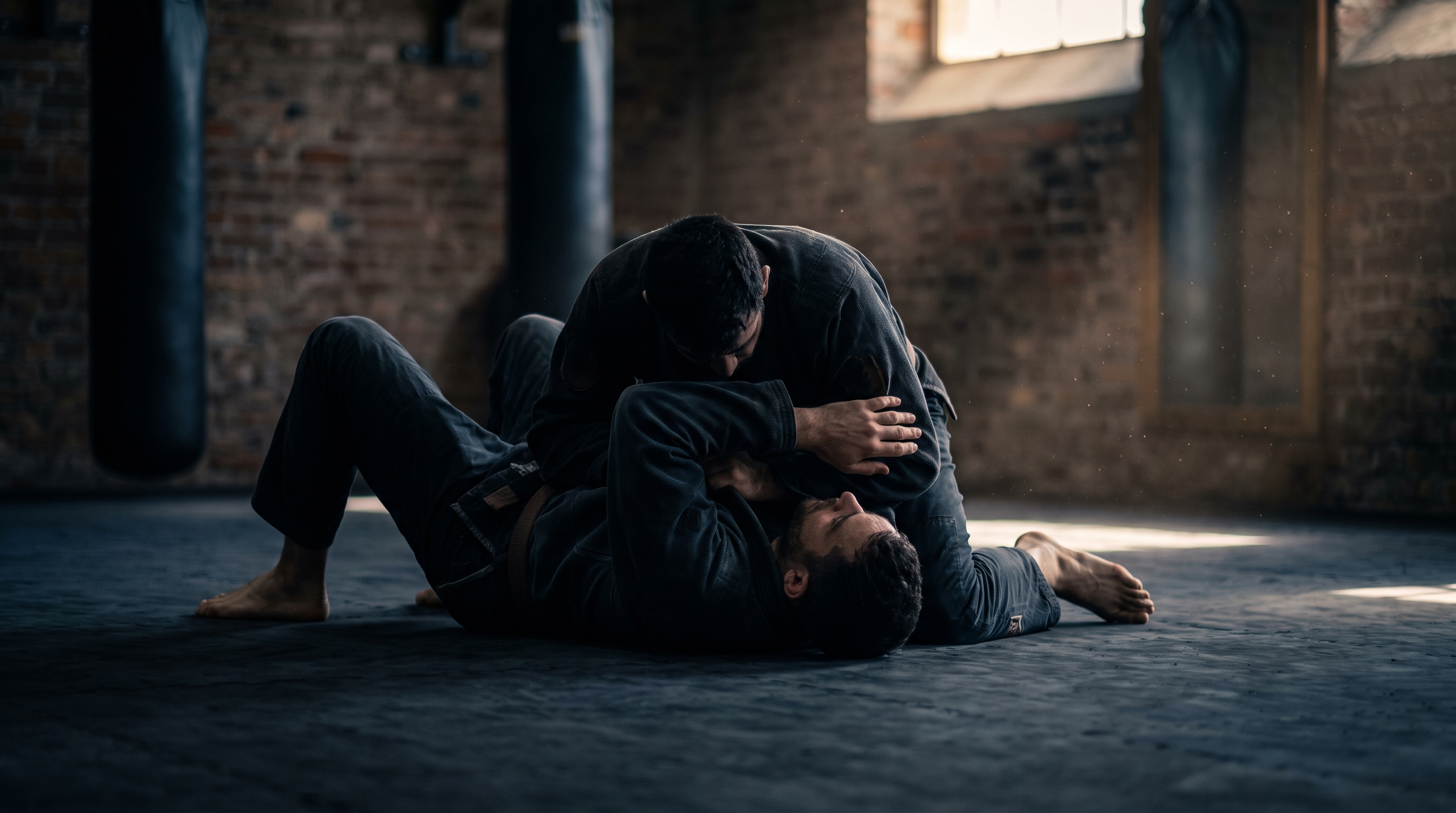 A Brazilian Jiu-Jitsu practitioner in full mount while the bottom athlete frames with tight elbows and begins to shrimp their hips.