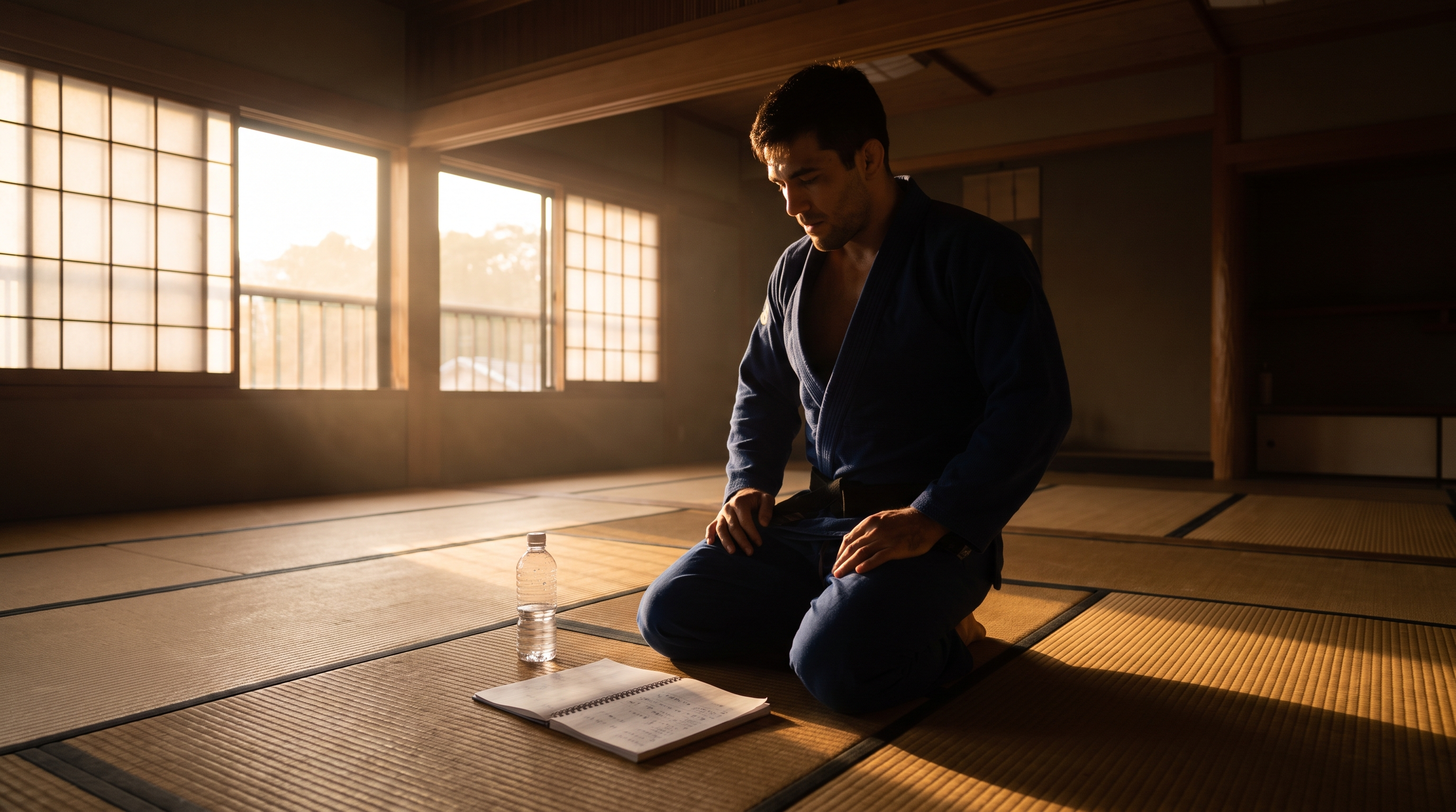 A grappler in a gi kneeling on the mat at sunset, notebook open beside him, symbolizing training and reflection during Ramadan.