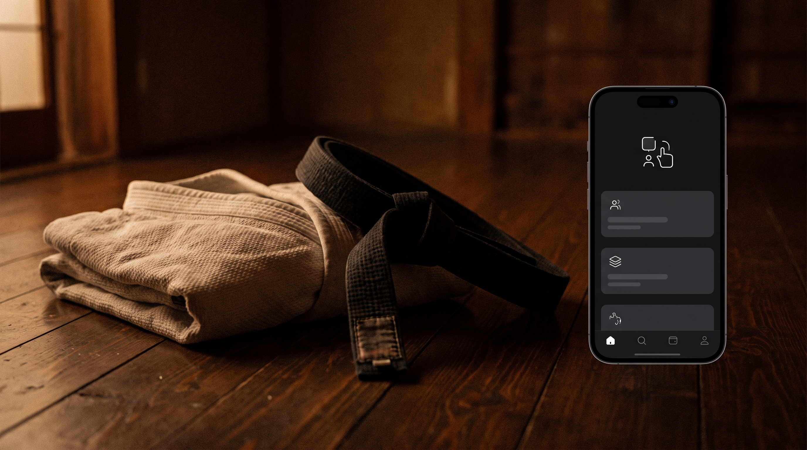 Folded jiu-jitsu gi and belt next to a smartphone showing a dark-mode technique card after a BJJ seminar.