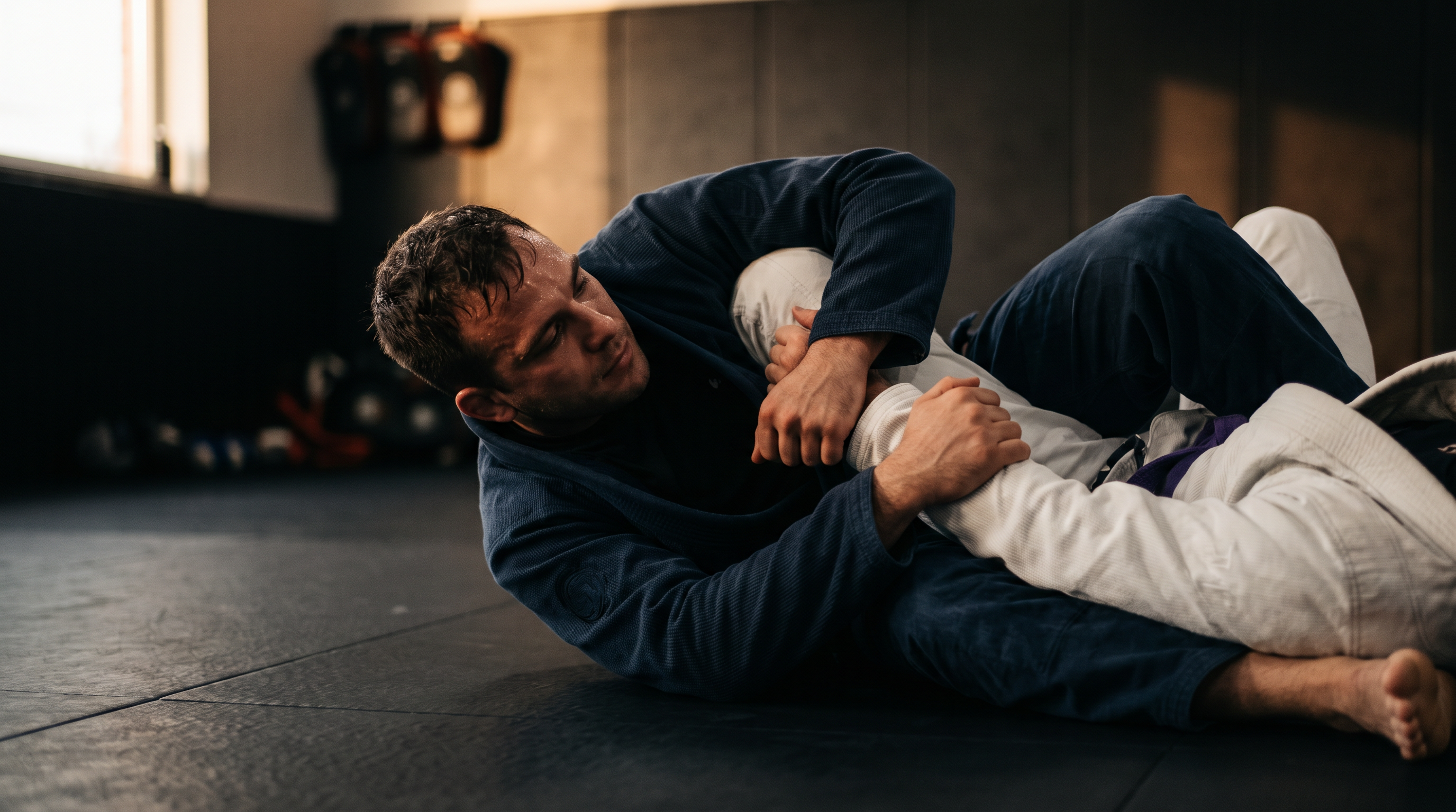 Bottom BJJ practitioner playing lasso guard with a sleeve grip and shin wrapped over the top player's arm on a dark mat.