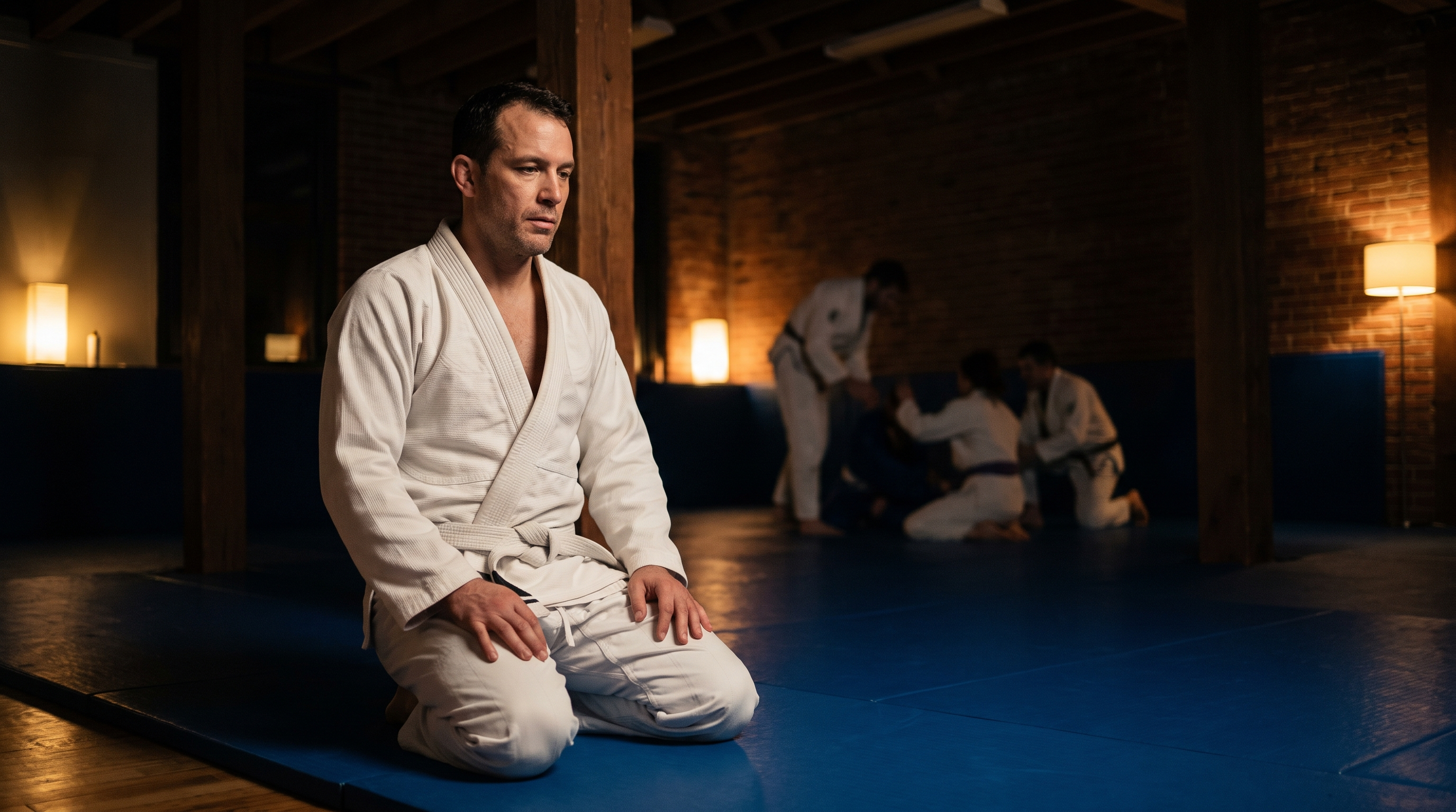 Adult beginner in a white gi kneeling on the mat before a Brazilian Jiu-Jitsu class.