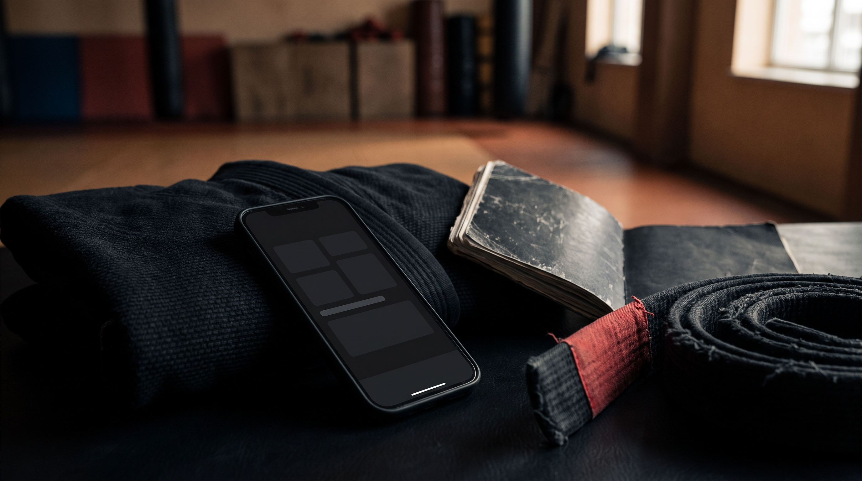 Smartphone on a folded black gi next to a training notebook, suggesting a personal BJJ technique library.
