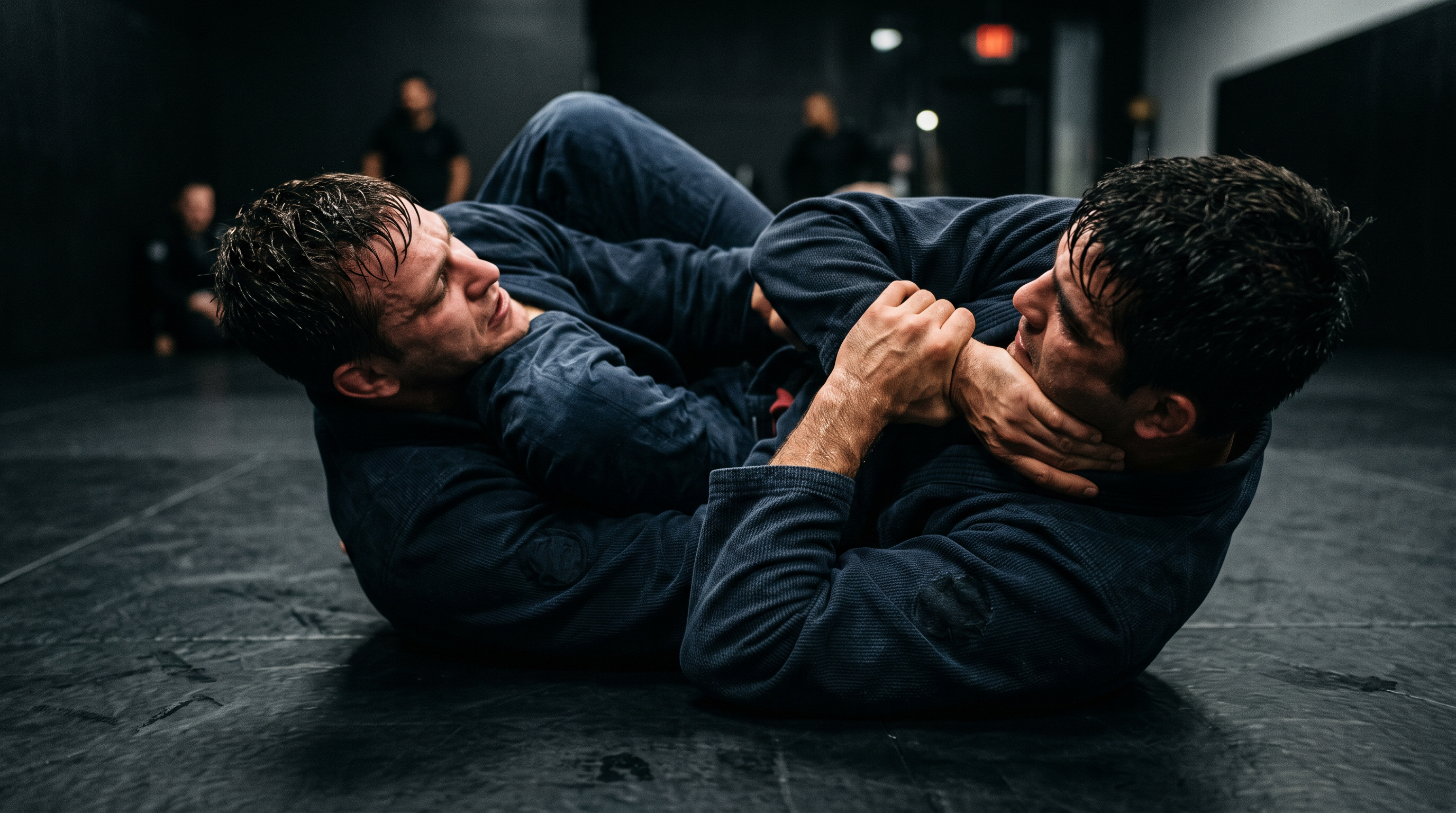 BJJ practitioner applying a guillotine choke from closed guard with a deep grip under the chin.