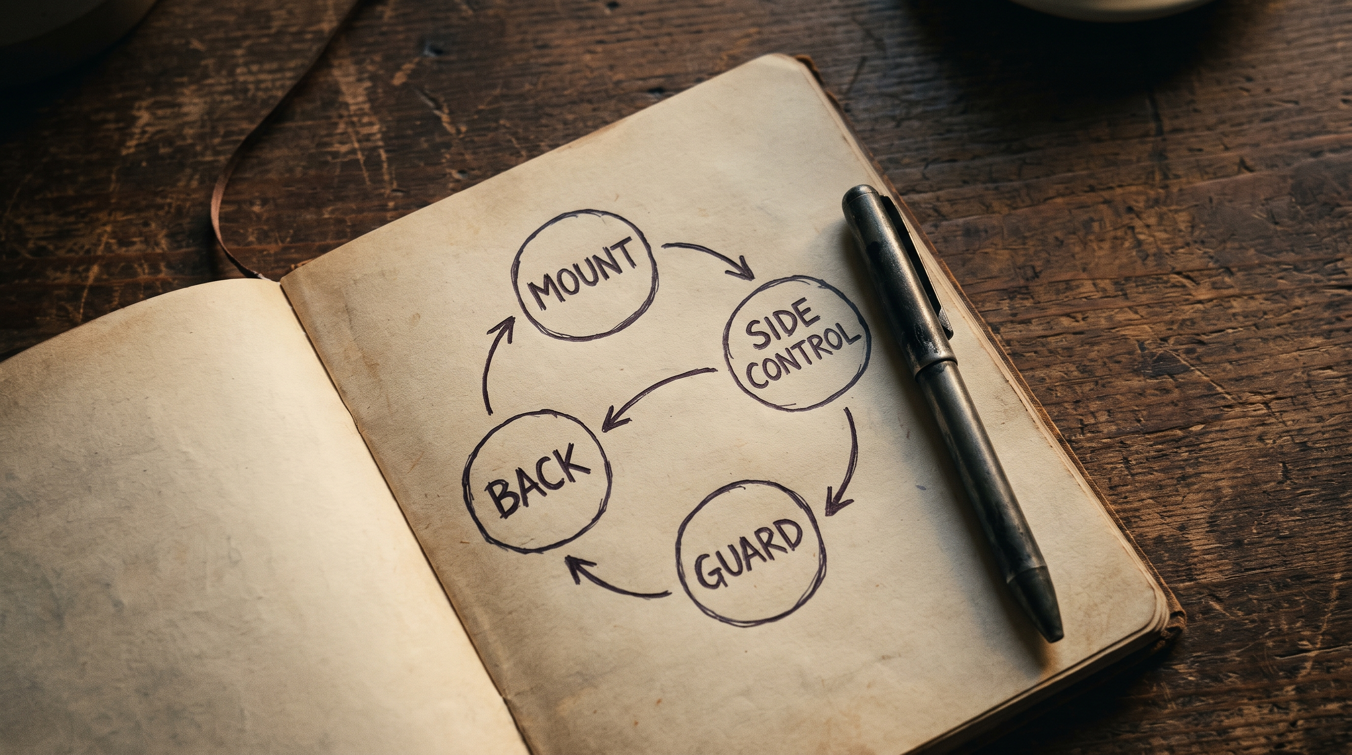 Hand-drawn diagram of connected BJJ positions with arrows showing transitions, in an open notebook on a dark wooden desk.