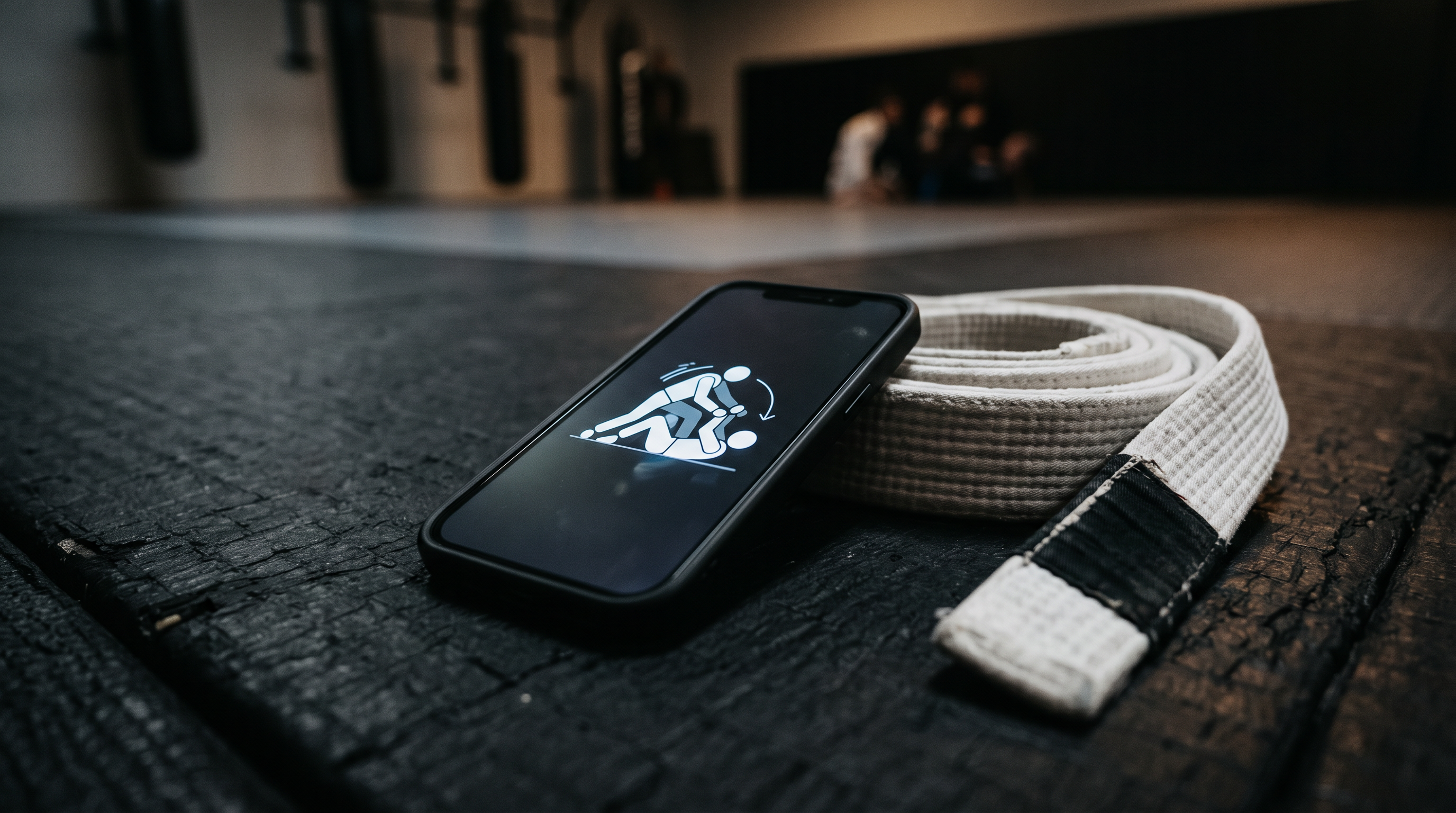 Smartphone on a jiu-jitsu mat next to a folded belt, showing a minimalist technique card interface.