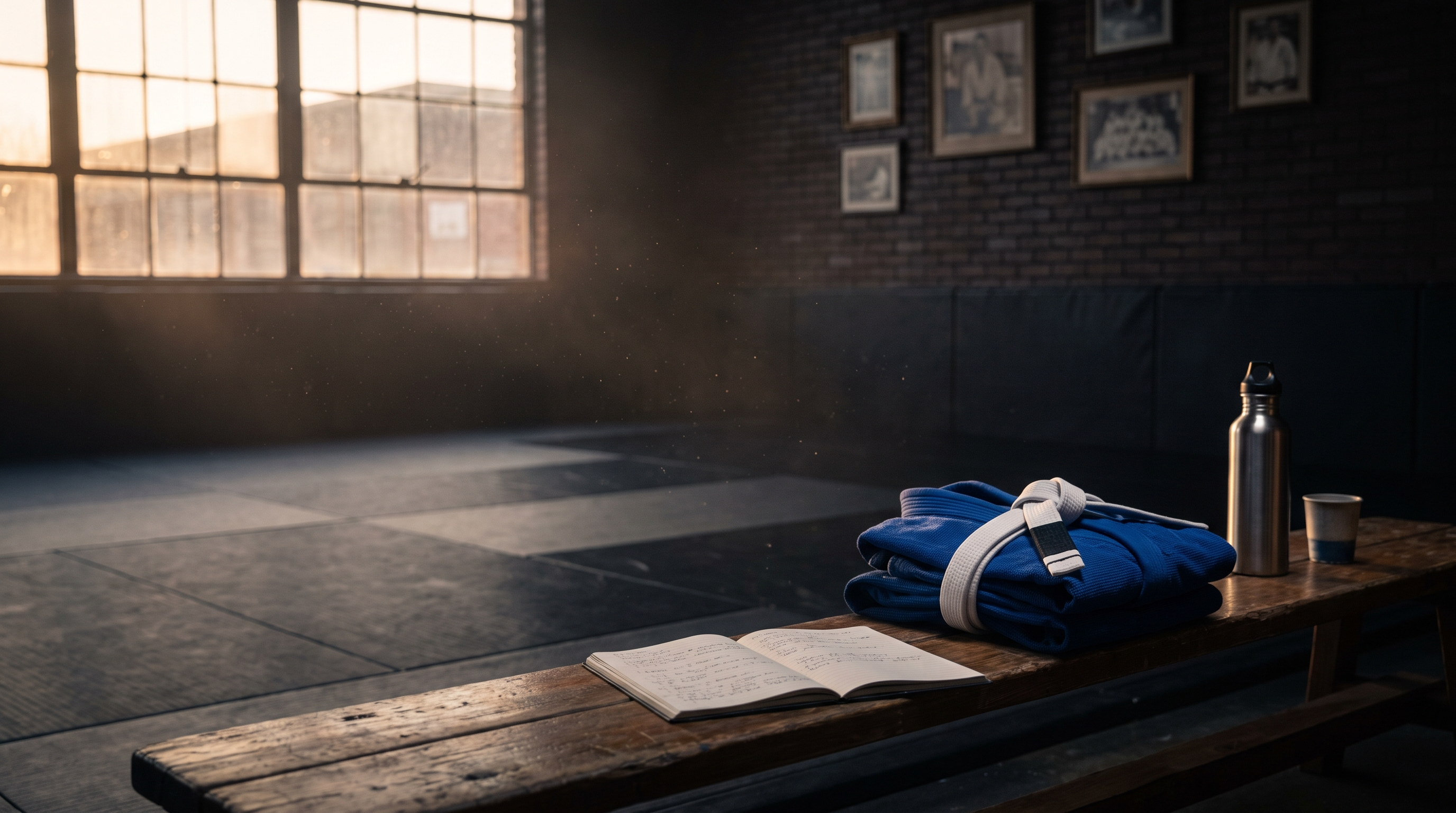 Empty jiu-jitsu academy at dawn with a folded gi, a white belt, and an open notebook on a wooden bench in soft January morning light.