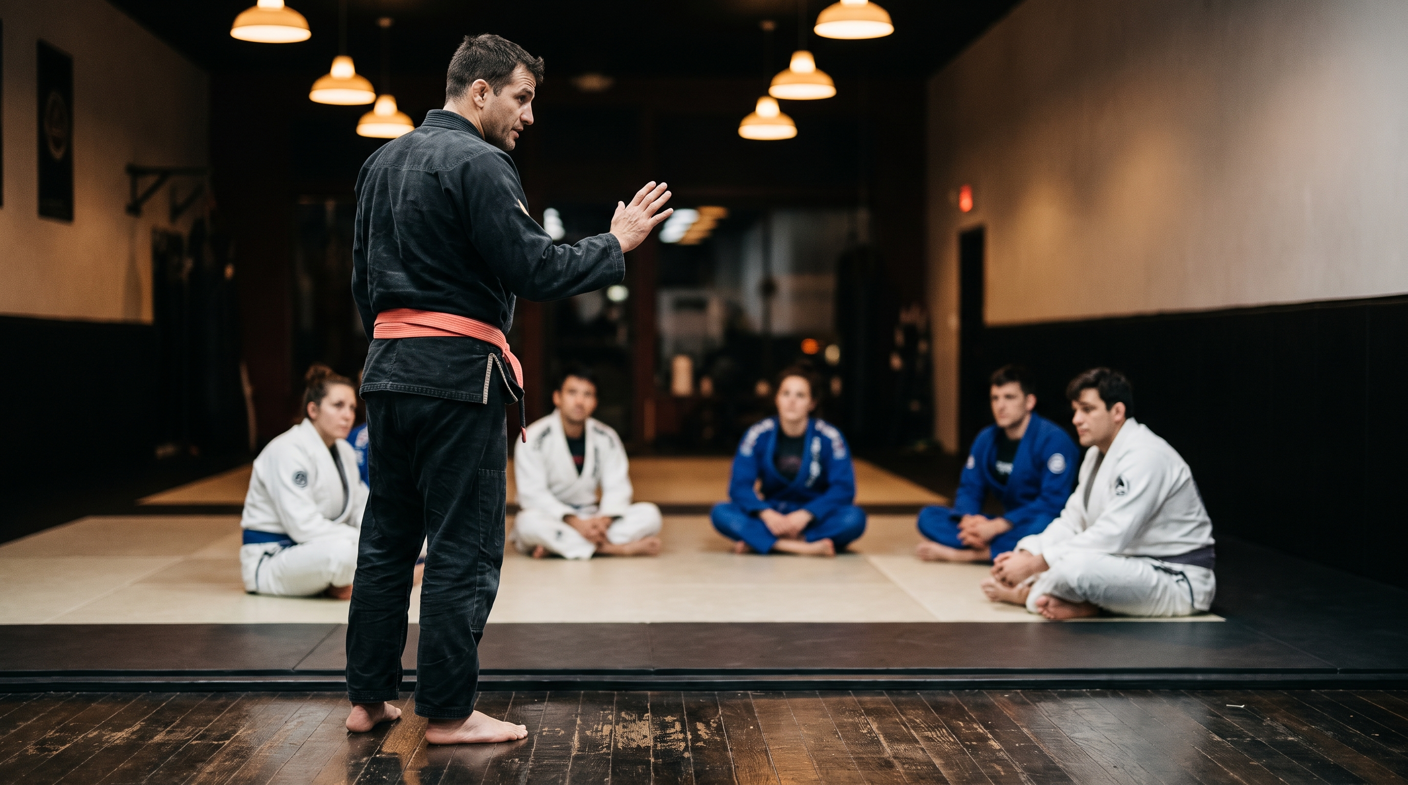 A BJJ coach recapping a technique with students seated on the mat at the end of class.