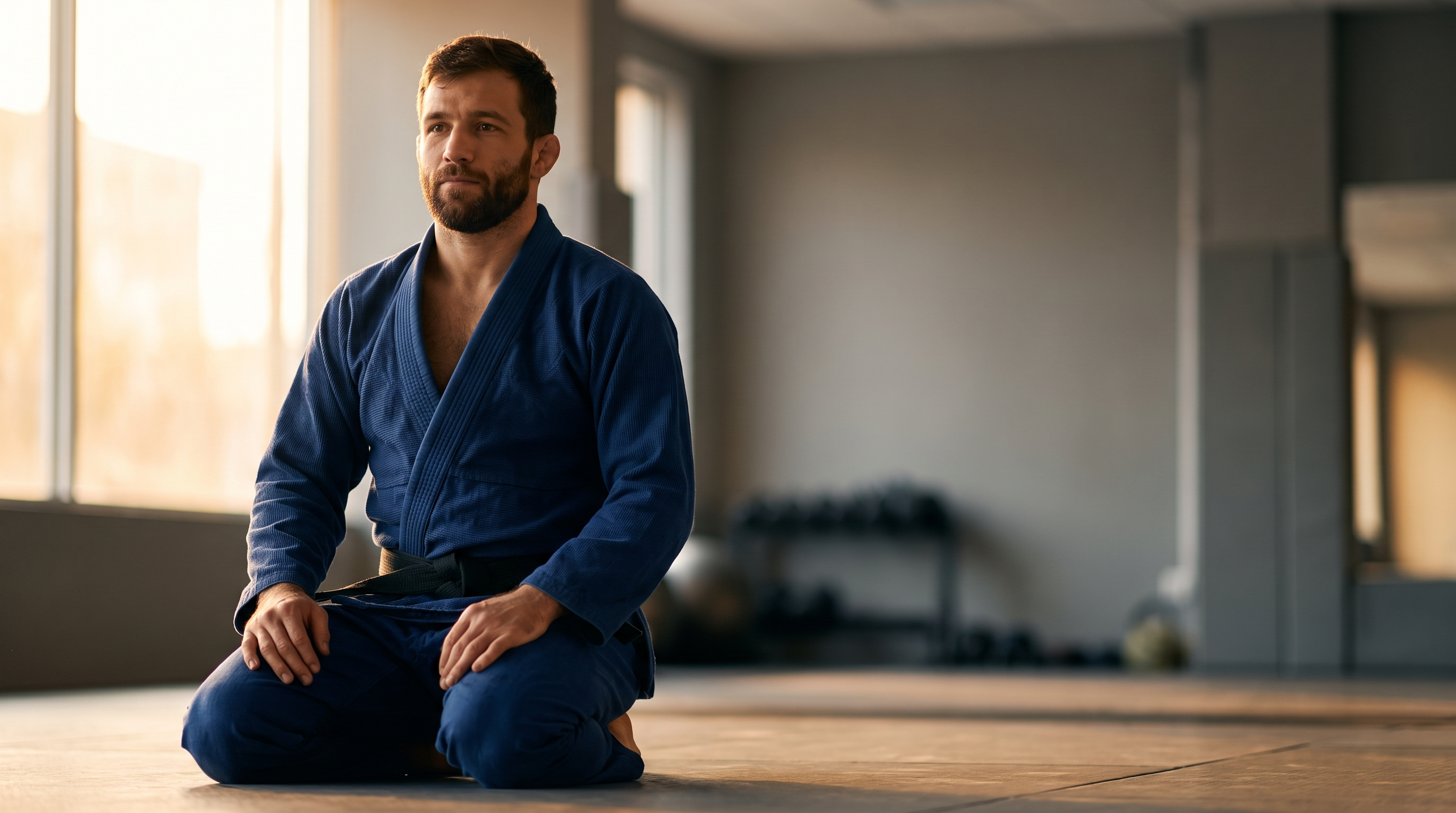 BJJ competitor kneeling on the mat before a tournament match.