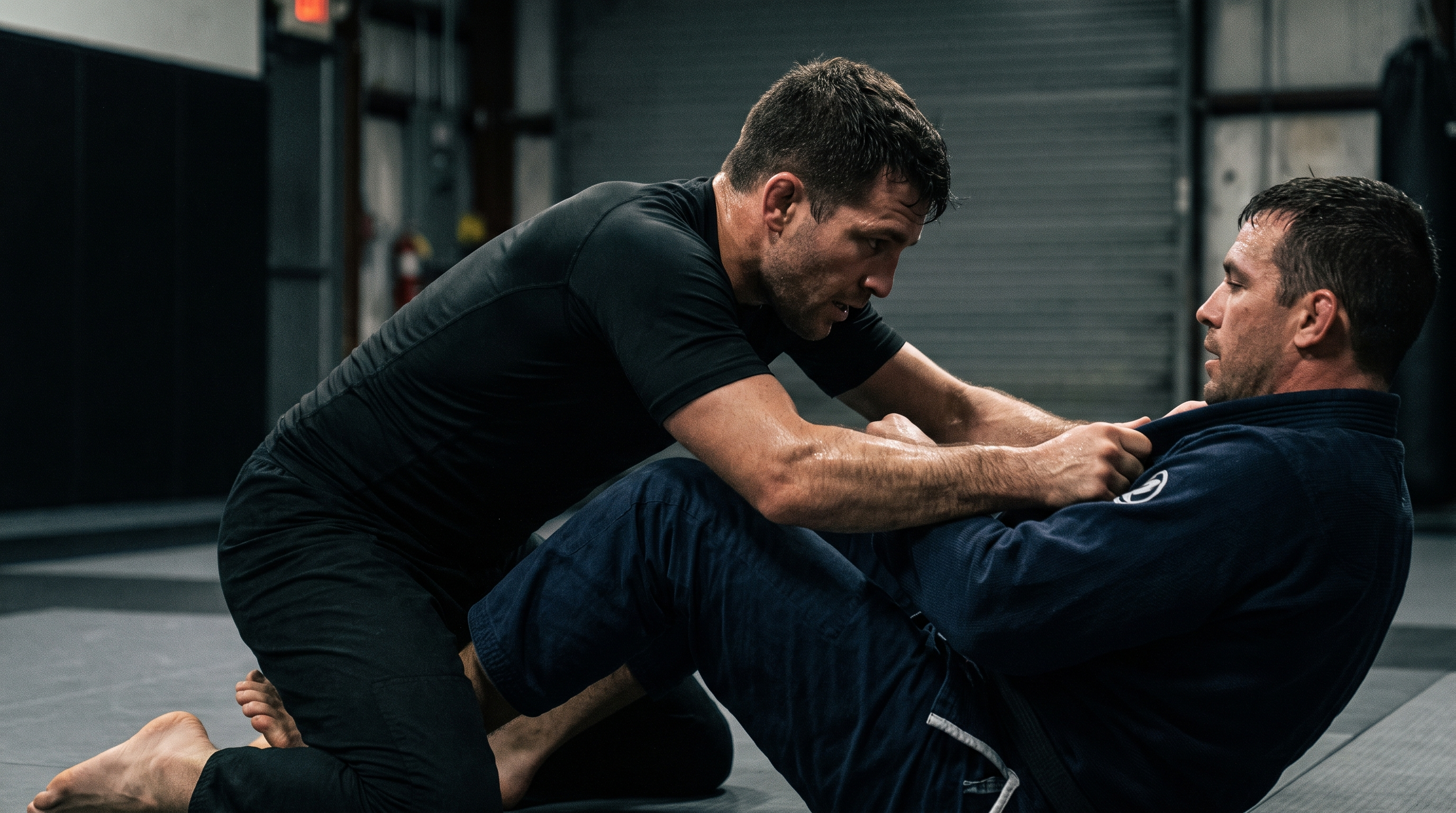 BJJ practitioner coming up on a single leg from butterfly guard during training.