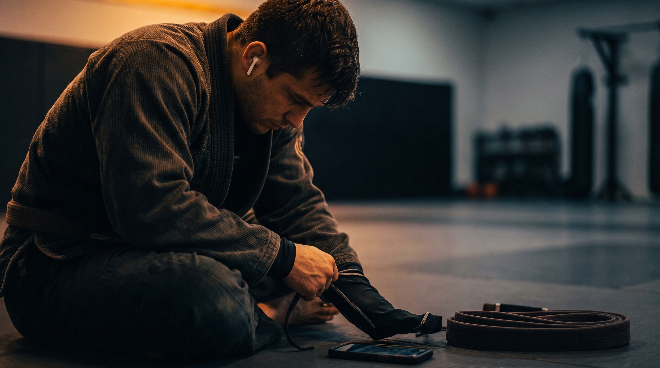 BJJ practitioner in a dark gi sitting mat-side with earbuds in before training.