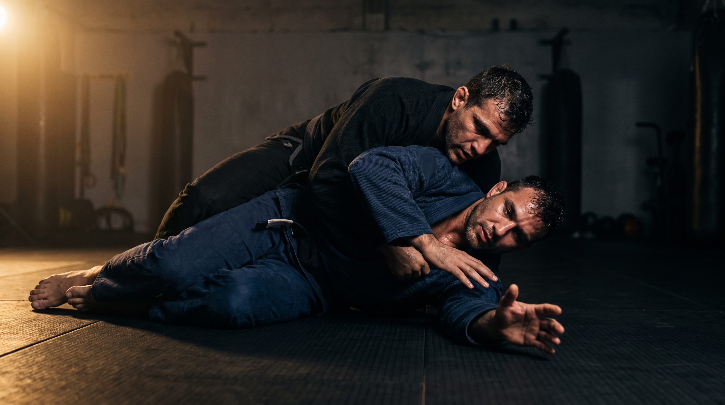 BJJ practitioner on his side in half guard bottom, framing and reaching for the underhook against a top passer on a dark mat.