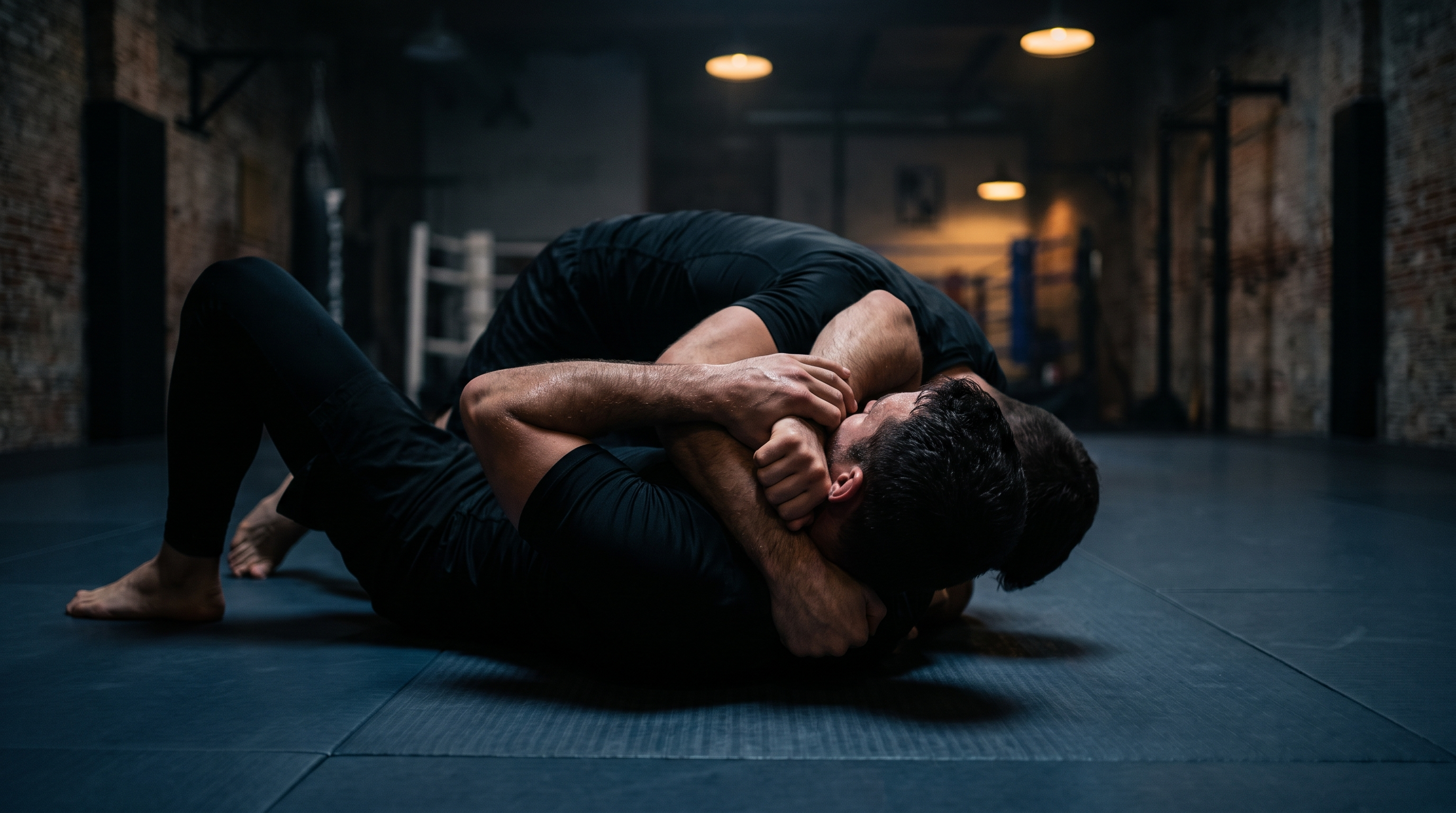 Two BJJ practitioners drilling a guillotine choke from closed guard in dark no-gi gear on a blue mat.