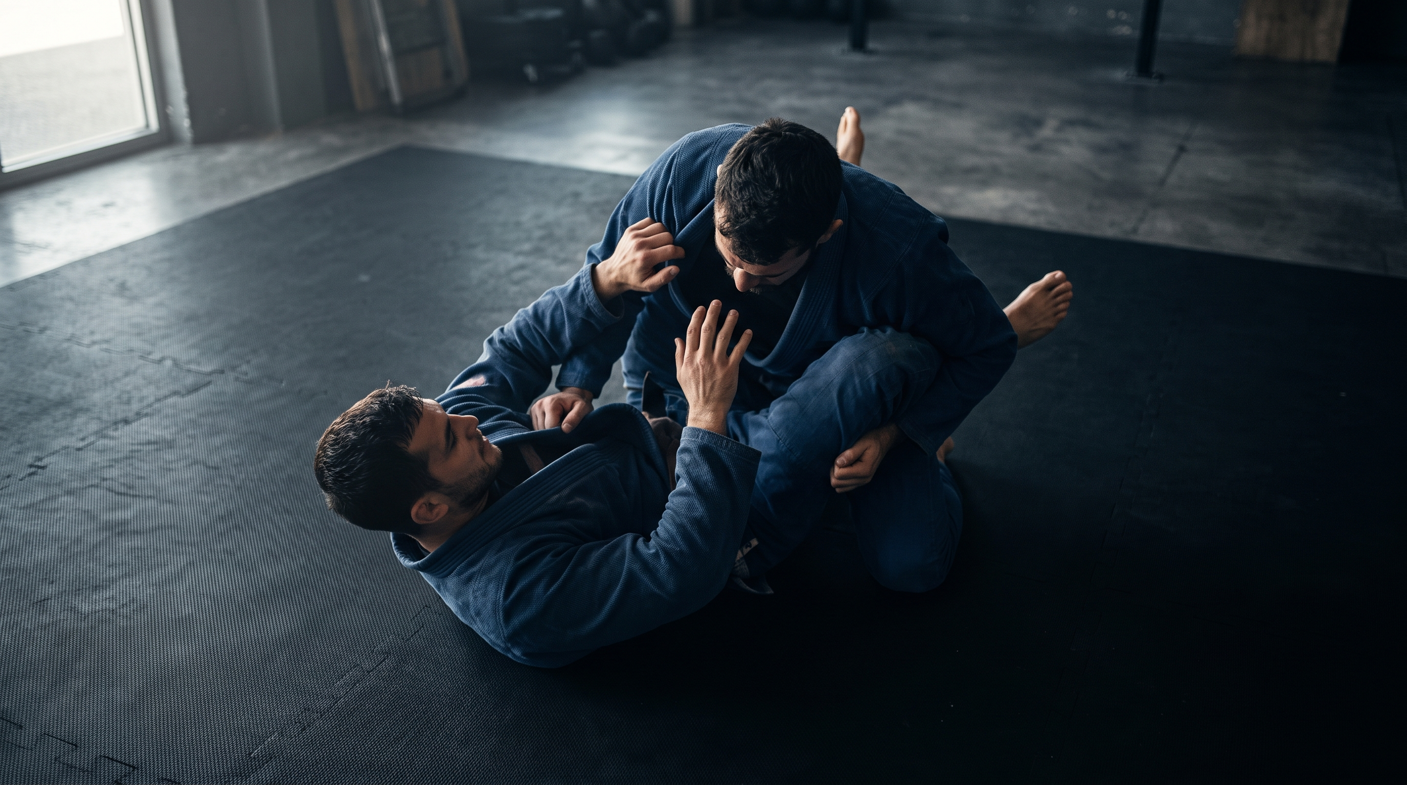 Two BJJ practitioners drilling the defense to the knee cut pass, bottom player framing and fighting for the underhook.