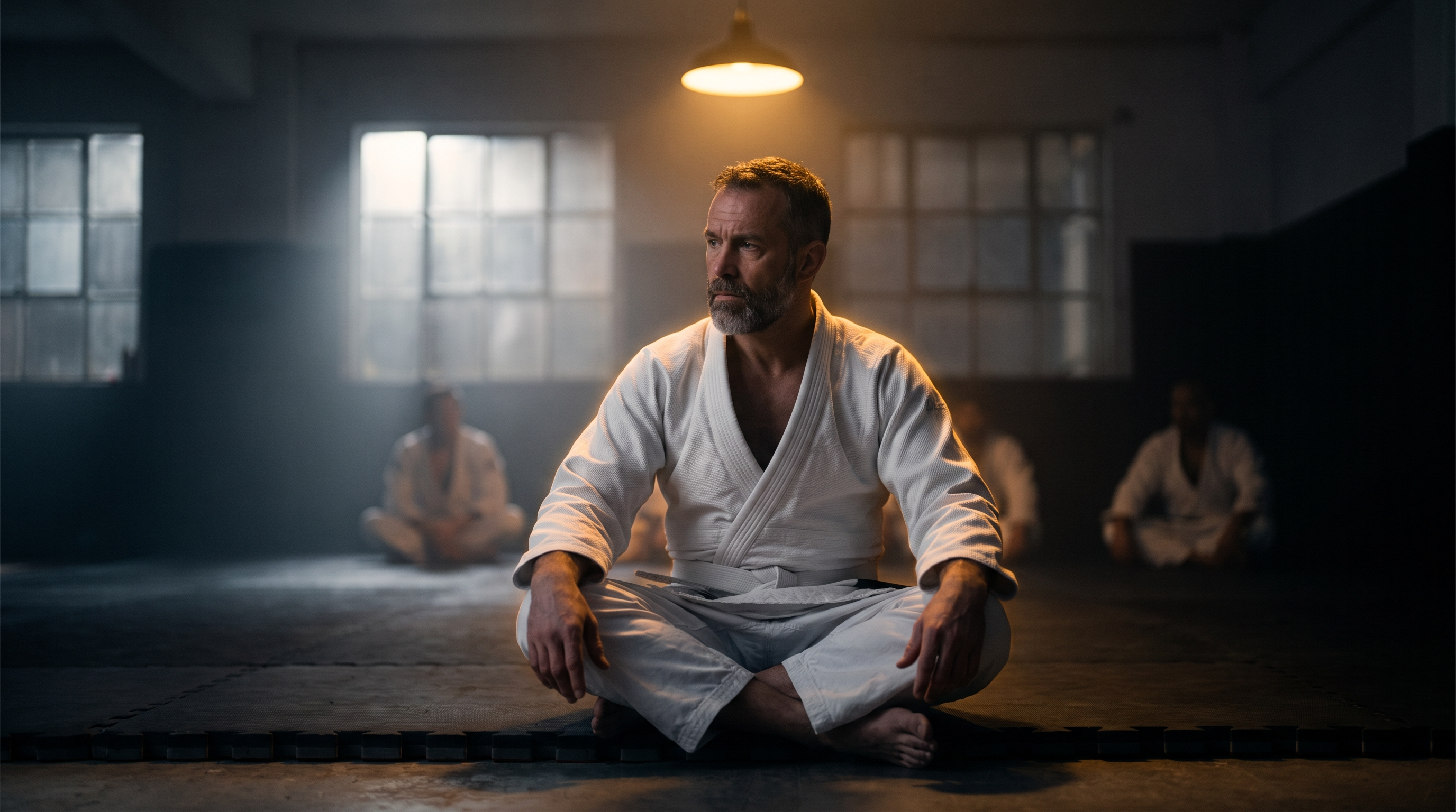 Older adult white belt sitting calmly at the edge of a dark BJJ academy mat before class.