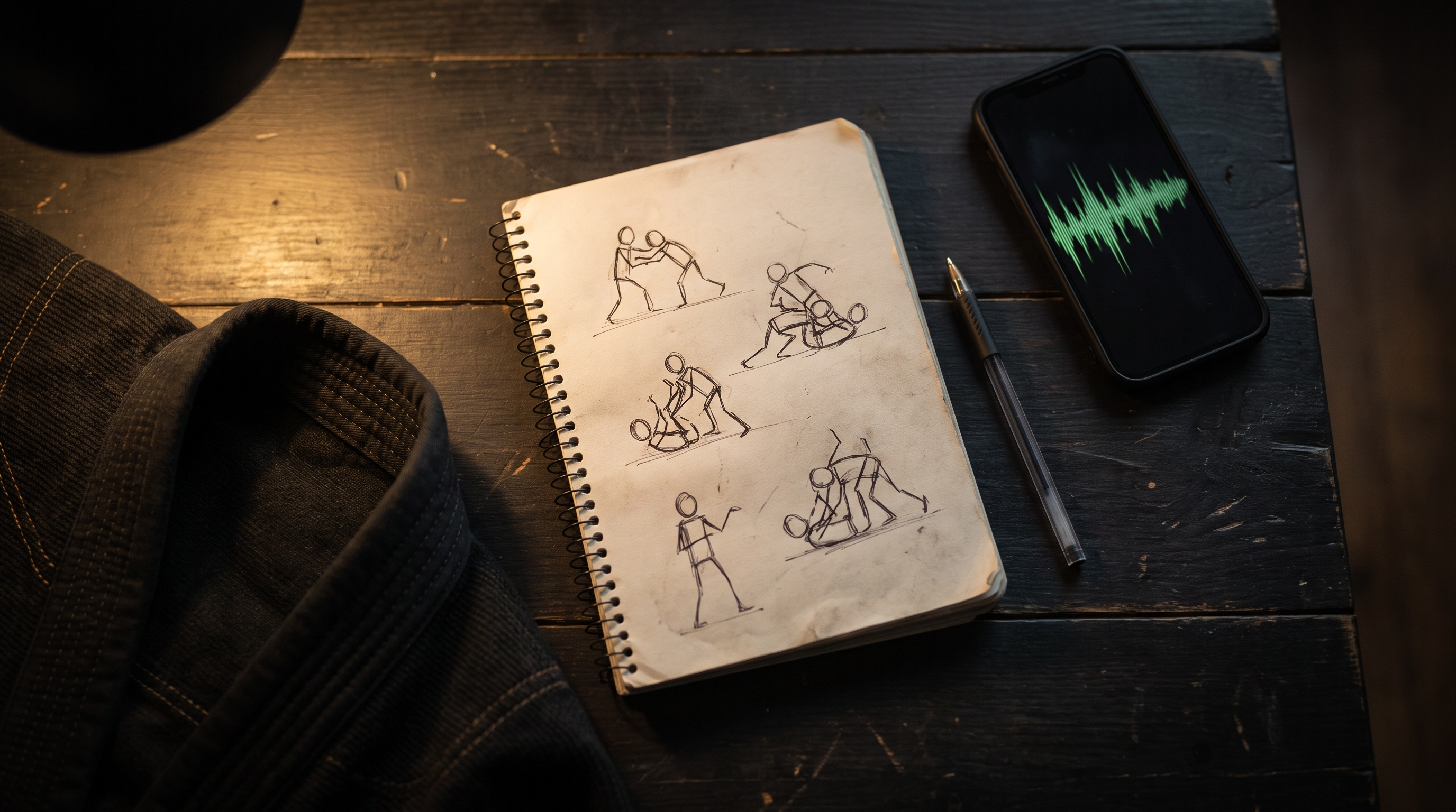 Overhead view of a BJJ notebook with grappling sketches, a smartphone showing a voice memo waveform, and a folded gi lapel on a dark wooden surface.