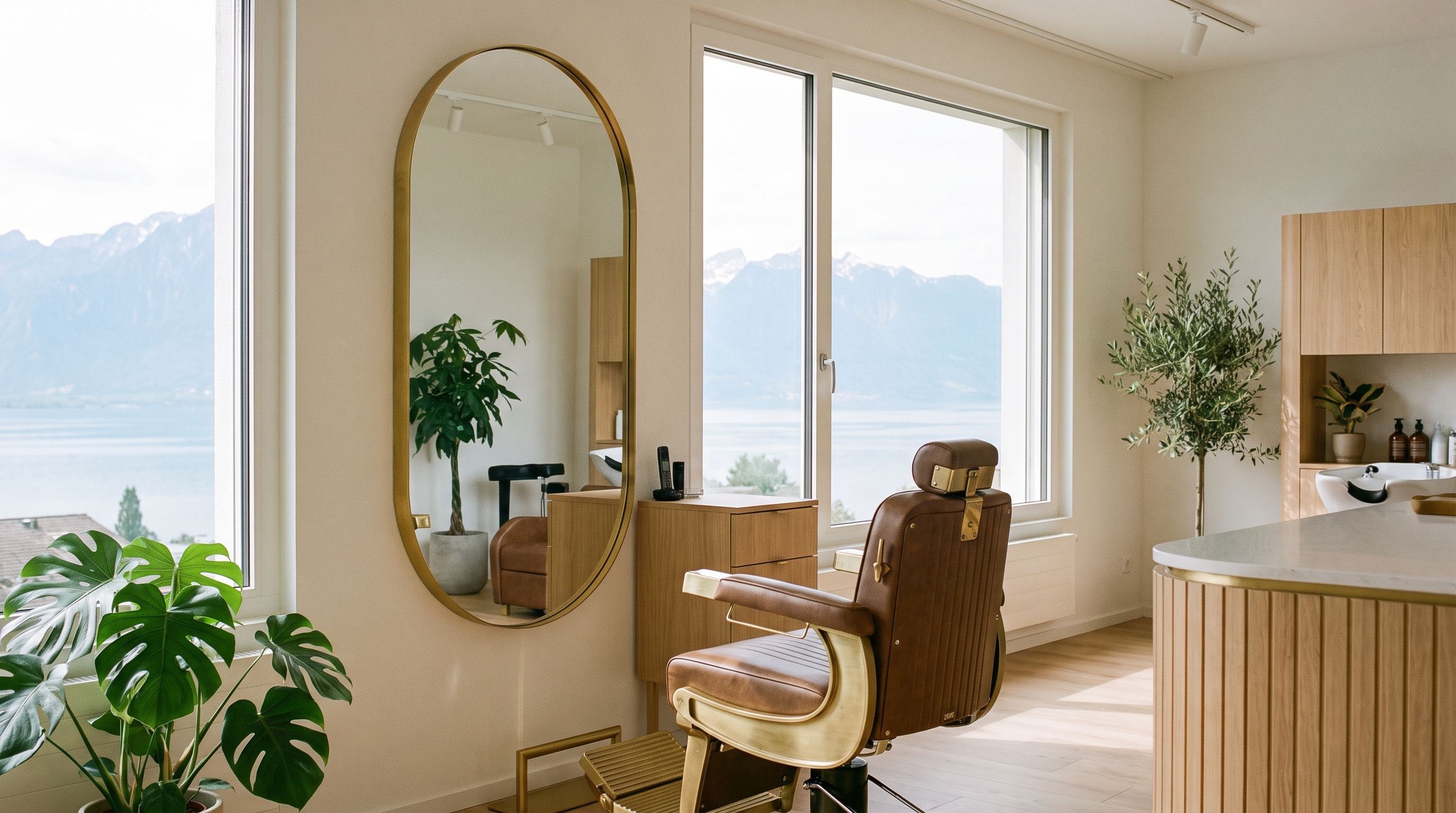 Intérieur épuré d'un salon de coiffure romand baigné de lumière naturelle