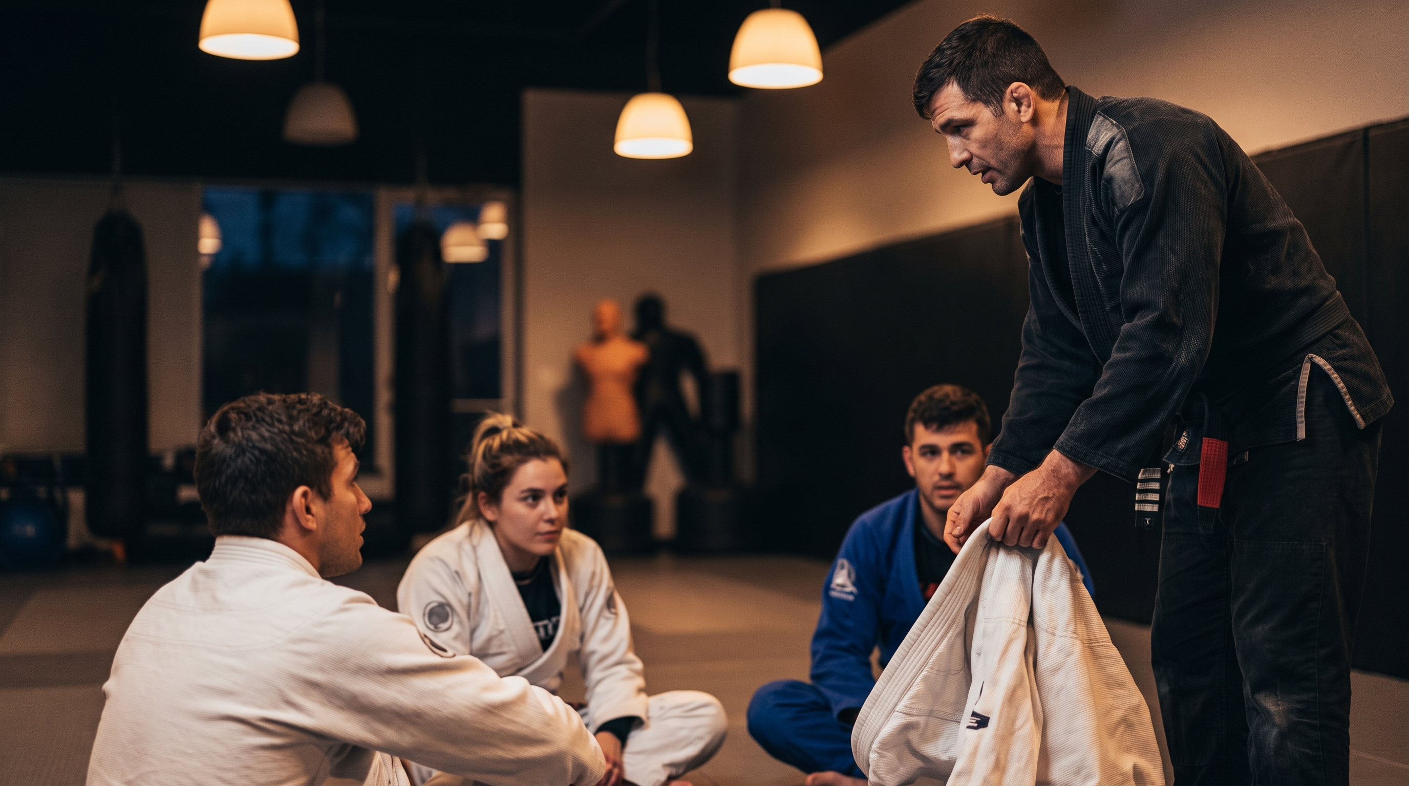 BJJ coach demonstrating a grip detail to attentive students on a dimly lit academy mat.