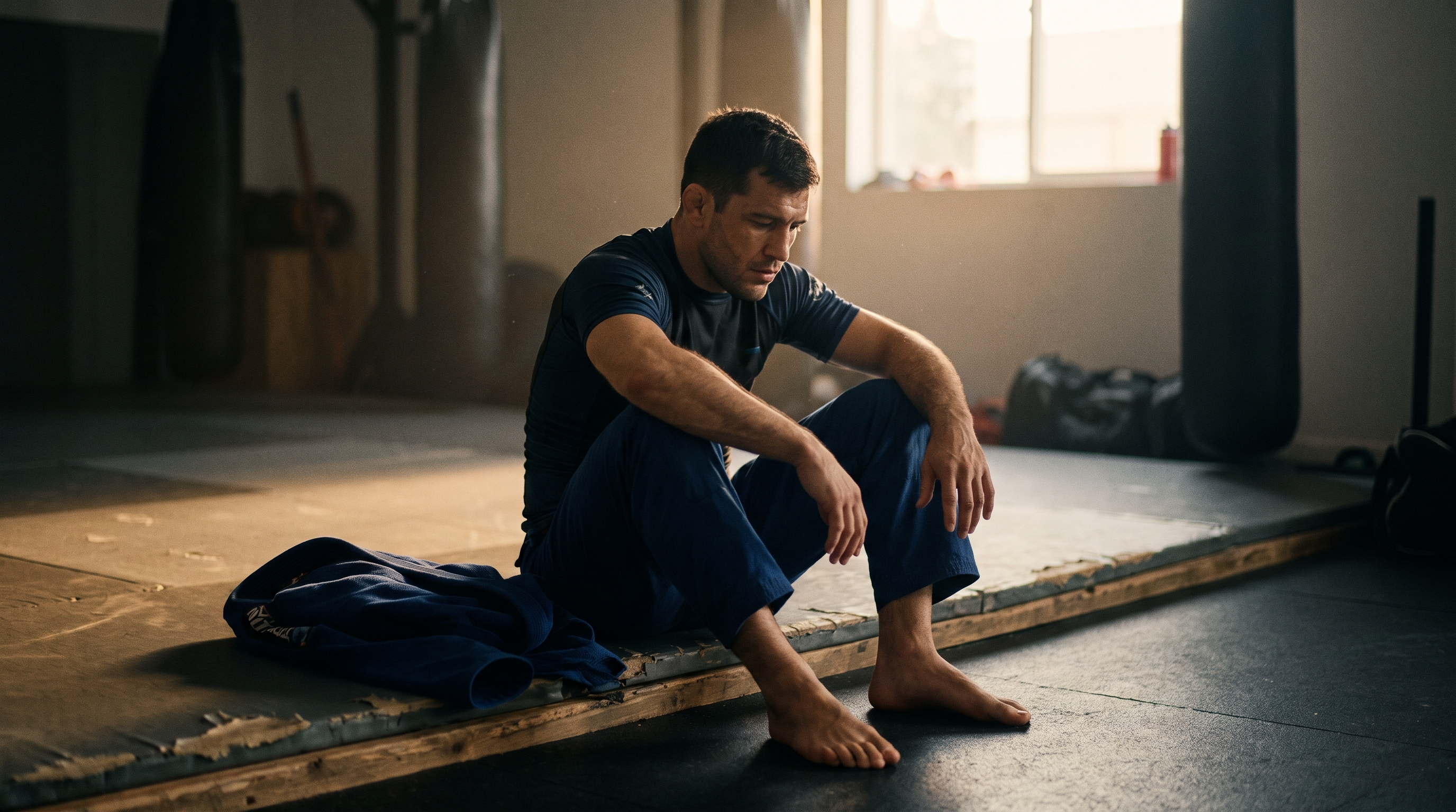 A BJJ athlete sitting quietly on the edge of a training mat during a light taper session before a tournament.